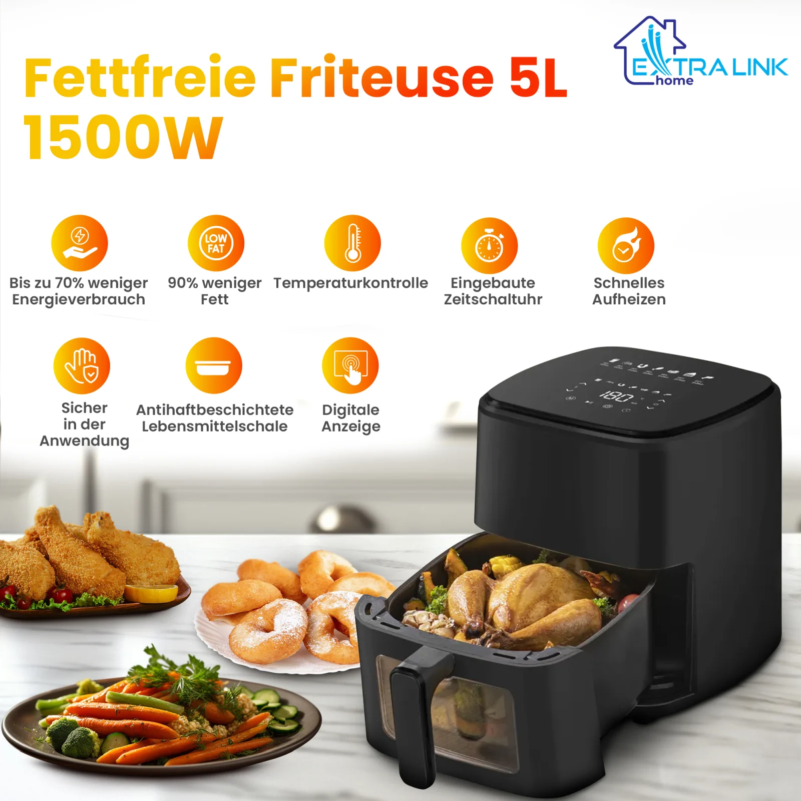 Fettfreie 5L-Hei&szlig;luftfritteuse mit 1500W in Schwarz, die die wichtigsten Funktionen und Gerichte wie H&auml;hnchen, Donuts, Pommes und Gem&uuml;se zeigt