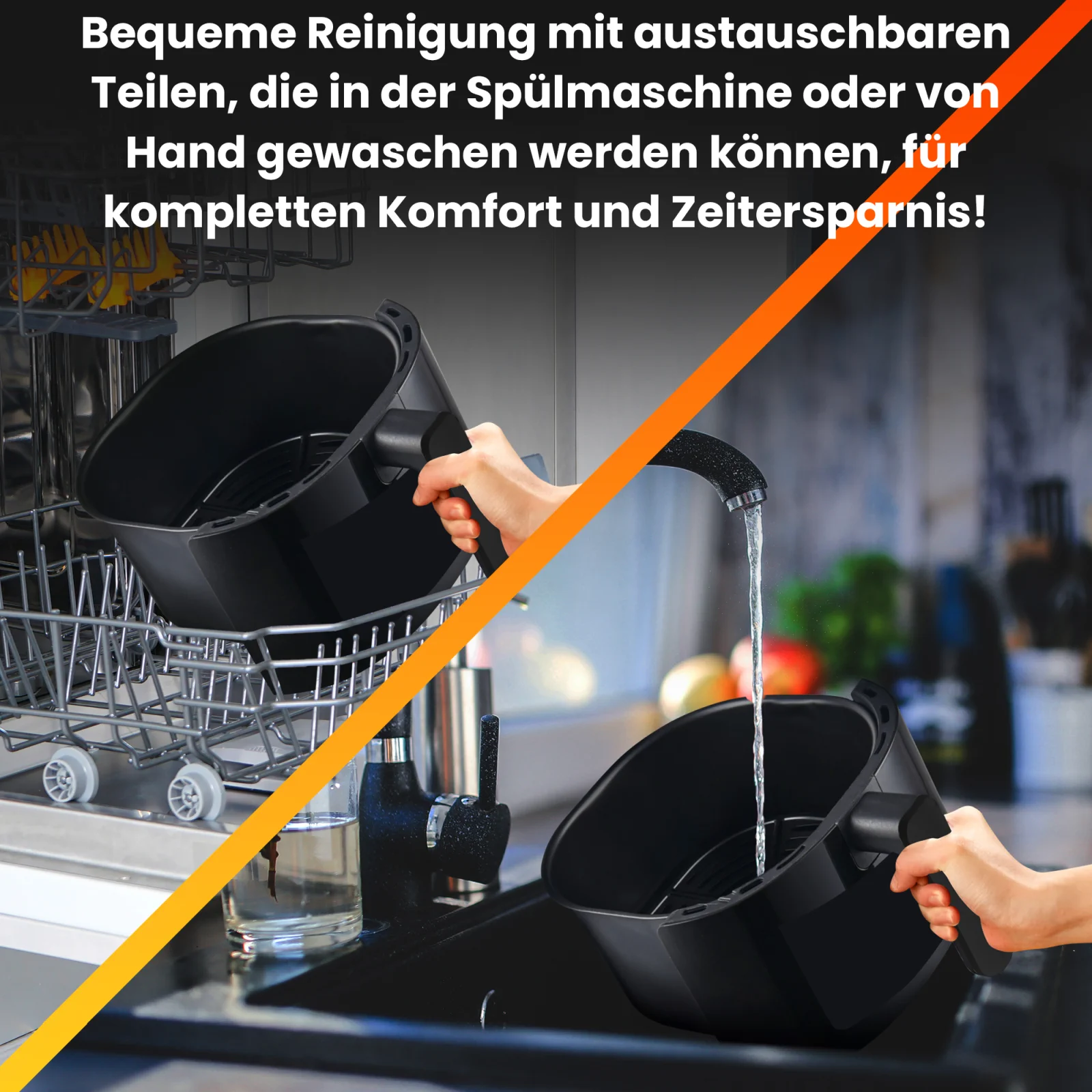 Herausnehmbarer Frittierkorb, der in der Sp&uuml;lmaschine gereinigt wird (links) sowie von Hand unter dem Wasserhahn (rechts), was die einfache Reinigung symbolisiert