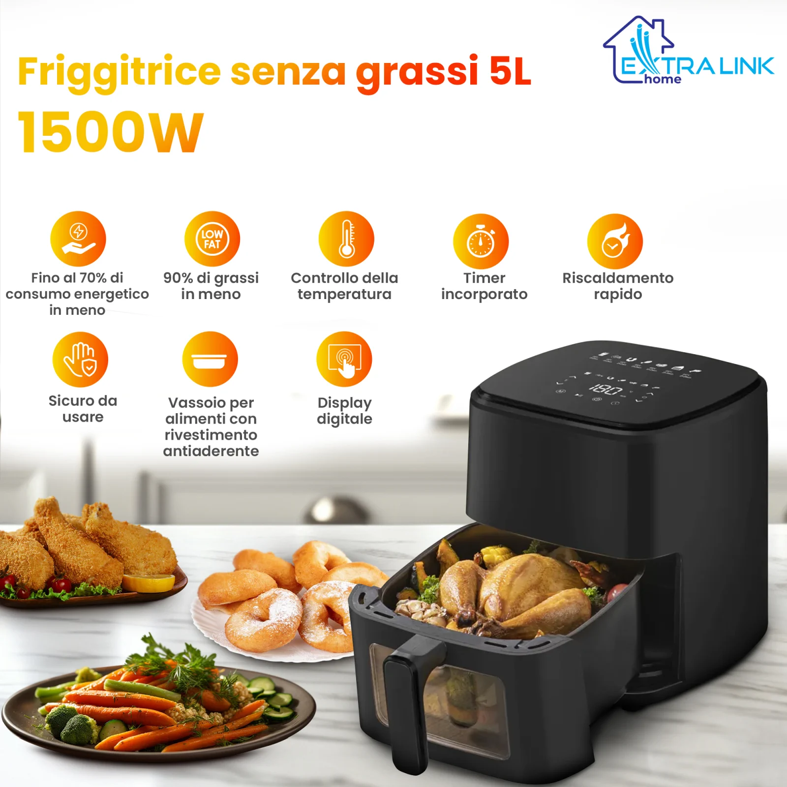 Friggitrice ad aria da 5L 1500W di colore nero, che mostra le caratteristiche principali e piatti come pollo, ciambelle, patatine e verdure