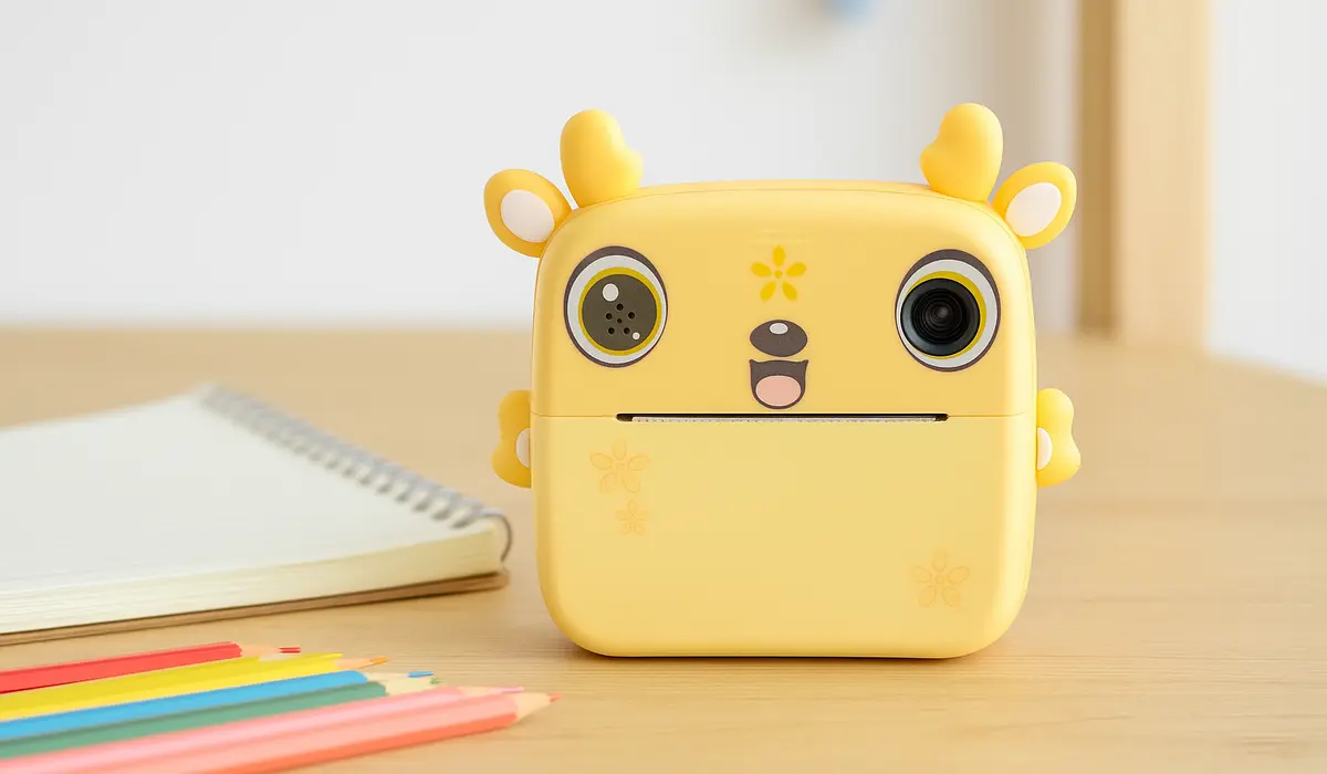 Termiczna drukarka Extralink ustawiona na biurku obok zeszytu i kredek, w jasnym, domowym otoczeniu