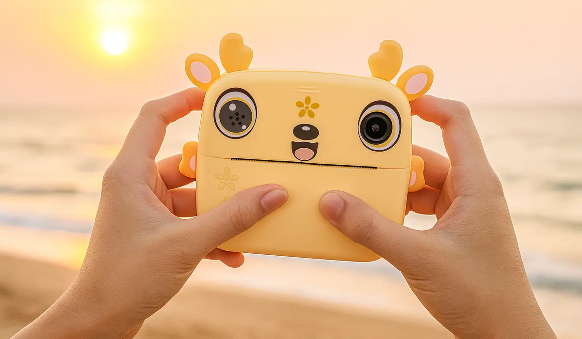 Termiczna drukarka Extralink trzymana w dłoniach na tle zachodzącego słońca przy plaży