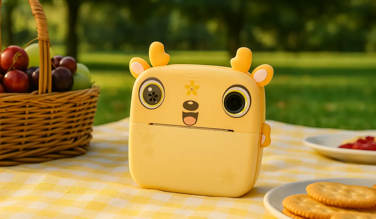 Termiczna drukarka Extralink w kształcie żółtego zwierzaka z uszami, ustawiona na obrusie piknikowym obok kosza z owocami i talerzy z przekąskami