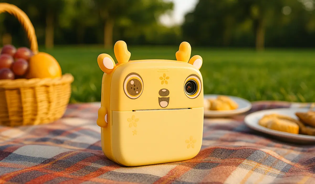 Termiczna drukarka Extralink na piknikowym kocu przy koszu z owocami, z widocznym wzorem kwiatka na obudowie