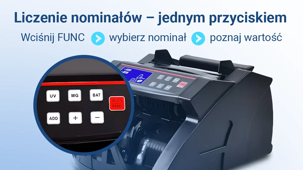 liczarka banknotów widok z profilu ze zbliżeniem na panel sterowania na froncie
