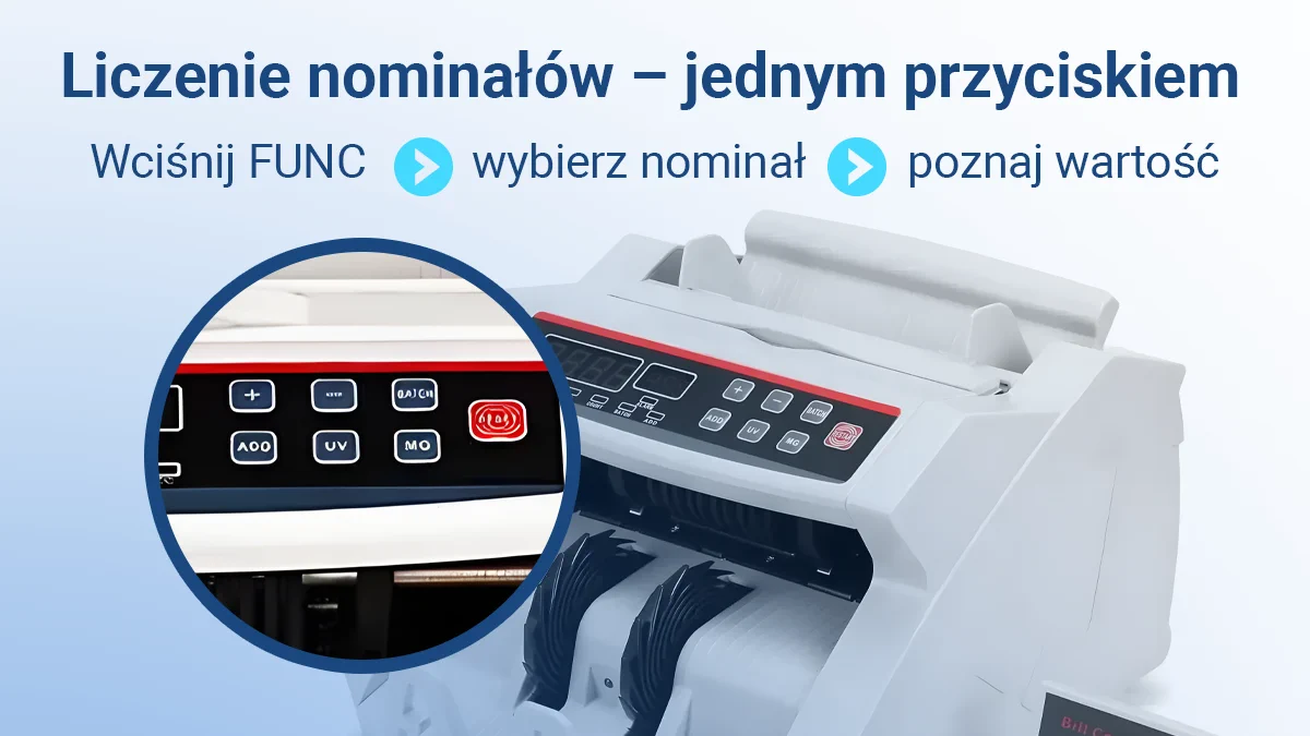 vista de perfil de la contadora de billetes con primer plano del panel de control frontal