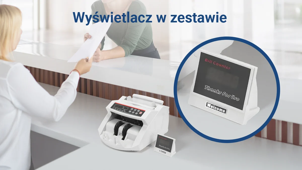 Empleado de atención al cliente, máquina contadora de billetes en el mostrador a su lado, primer plano en pantalla exterior