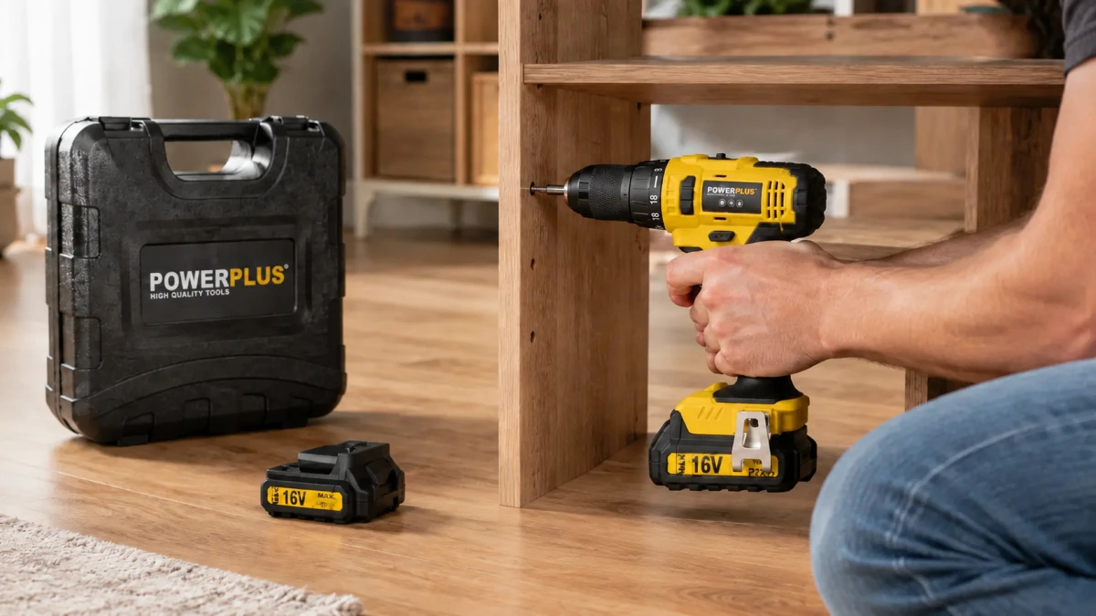 Berbequim-aparafusadora PowerPlus 16V a montar m&oacute;veis