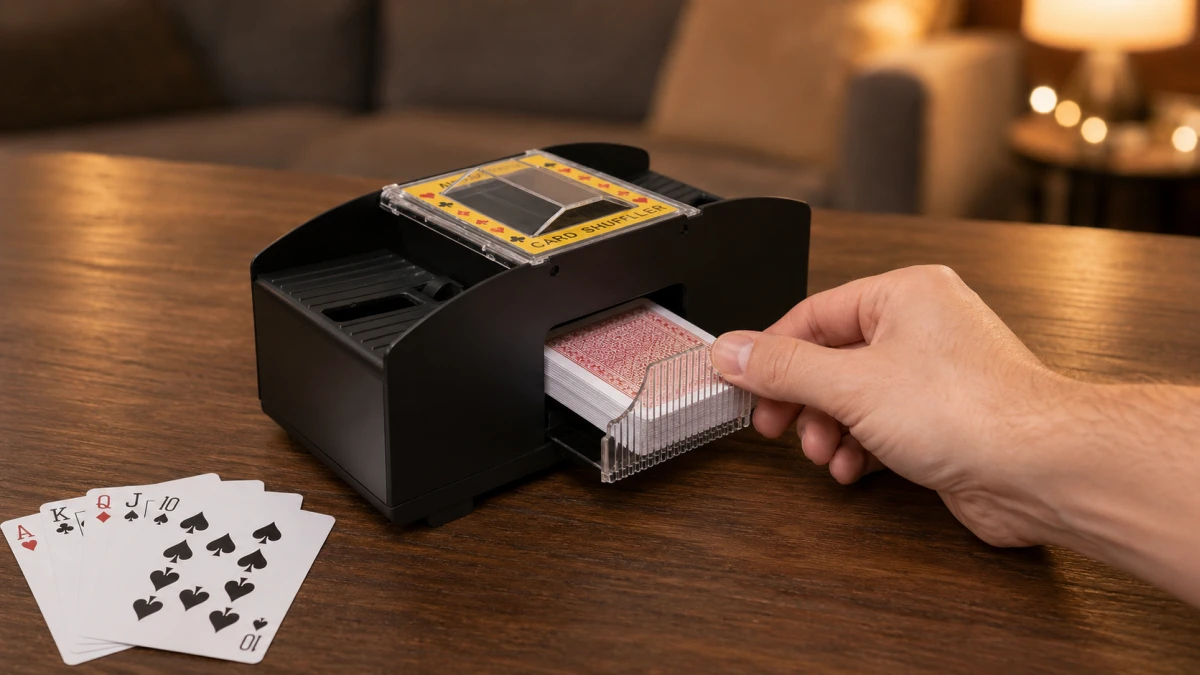 Extracci&oacute;n de las cartas barajadas de la bandeja inferior de la barajadora Extralink