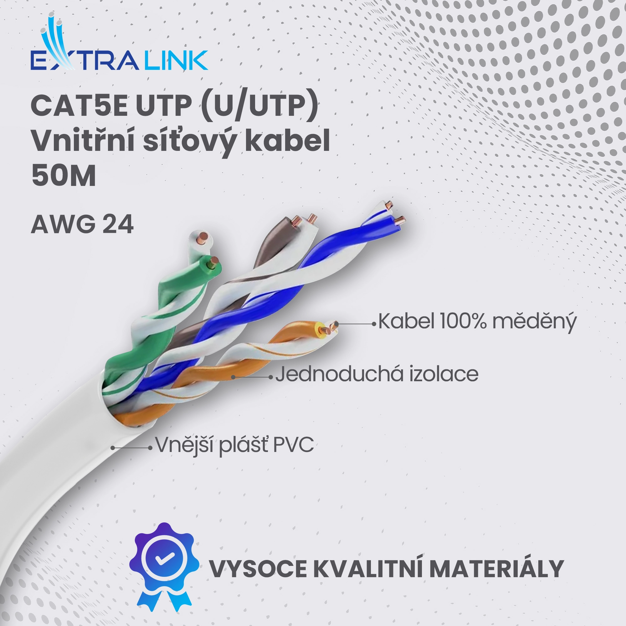 Síťový kabel Extralink CAT5E UTP (U-UTP) 50 m s viditelným vláknem, barevnými kroucenými páry a certifikací kvality