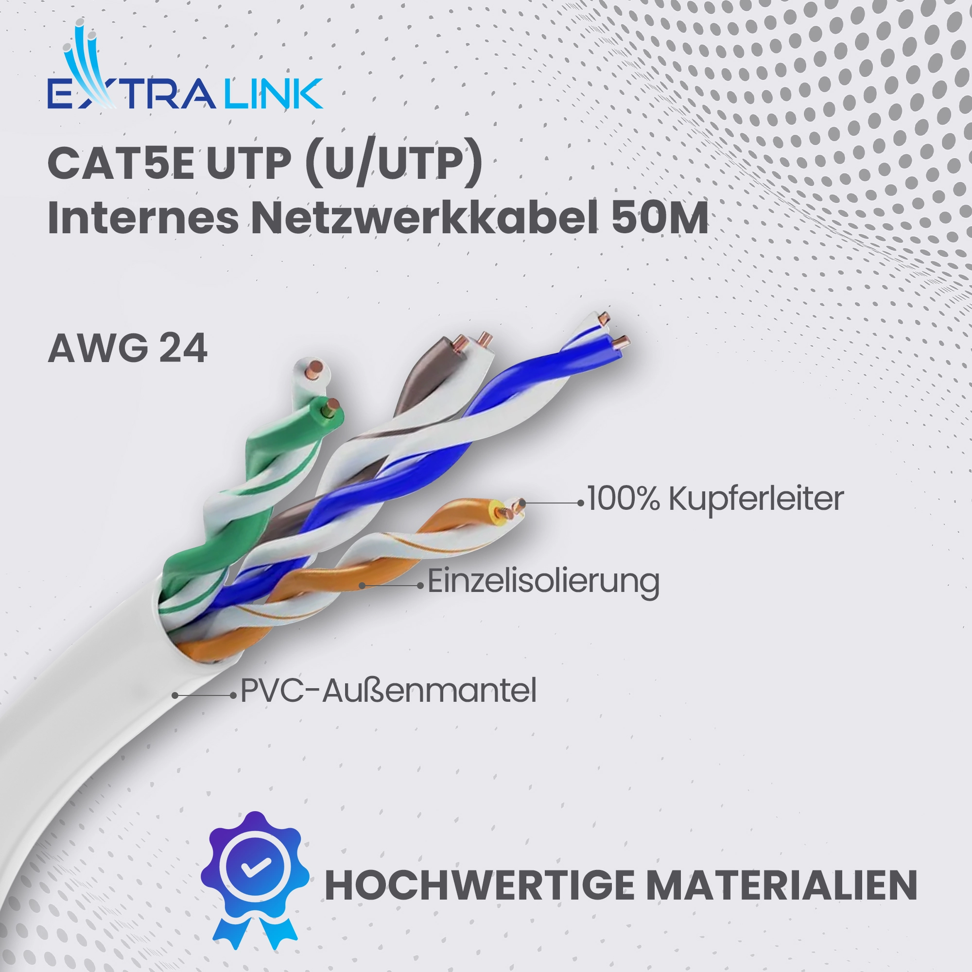Extralink CAT5E UTP (U-UTP) Netzwerkkabel 50m mit sichtbarer Verseilung, farbigen verdrillten Adernpaaren und Qualitätszertifikat