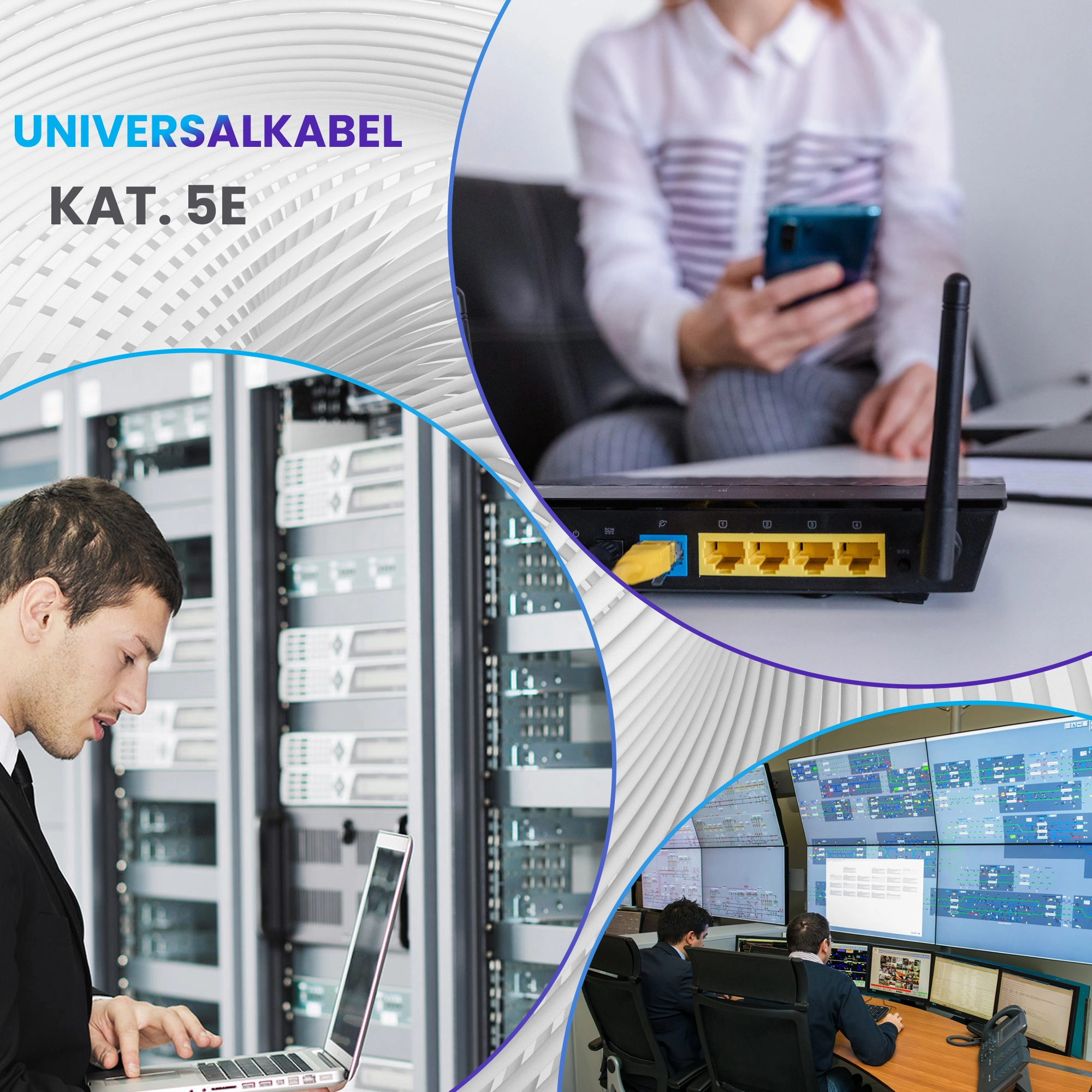Drei Aufnahmen: IT-Administrator im Serverraum, Router/Heim-Modem und Überwachungs-/Netzwerkmanagementzentrum