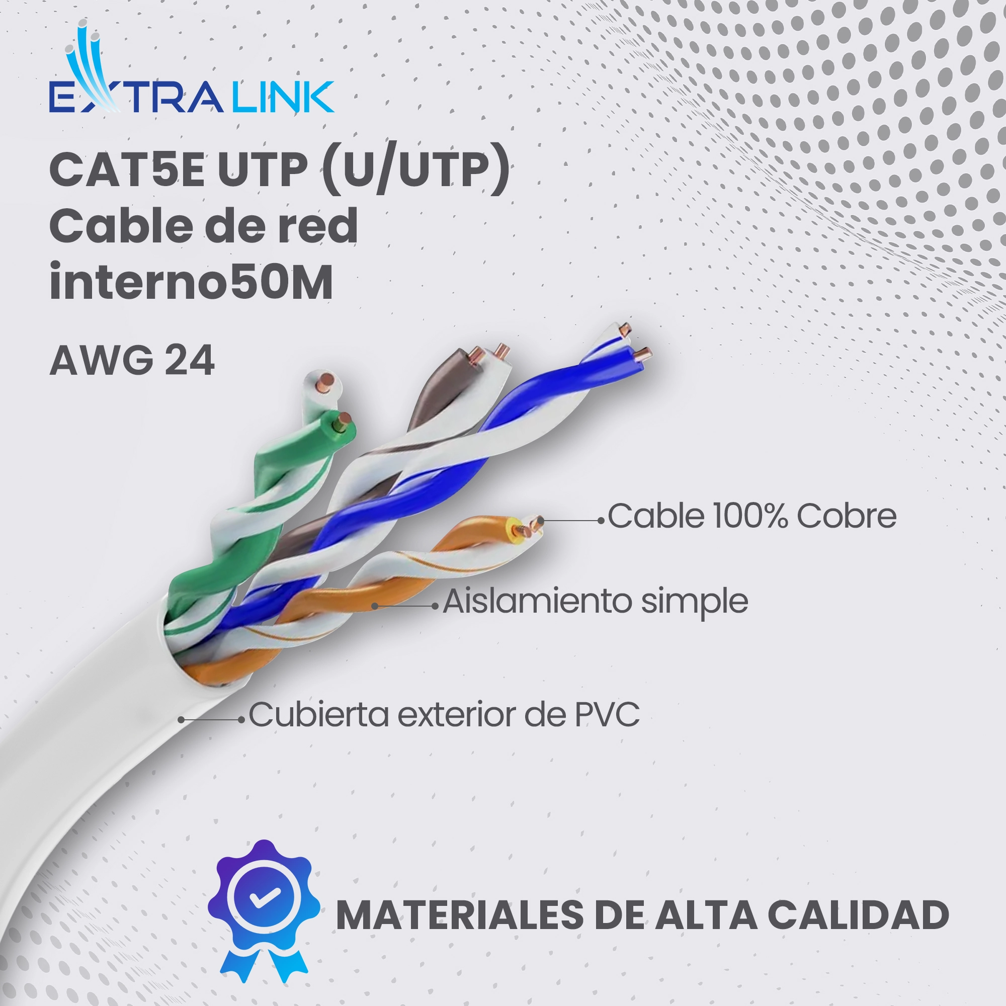 Cable de red Extralink CAT5E UTP (U-UTP) de 50 m con trenzado visible, pares trenzados de colores y certificaci&oacute;n de calidad
