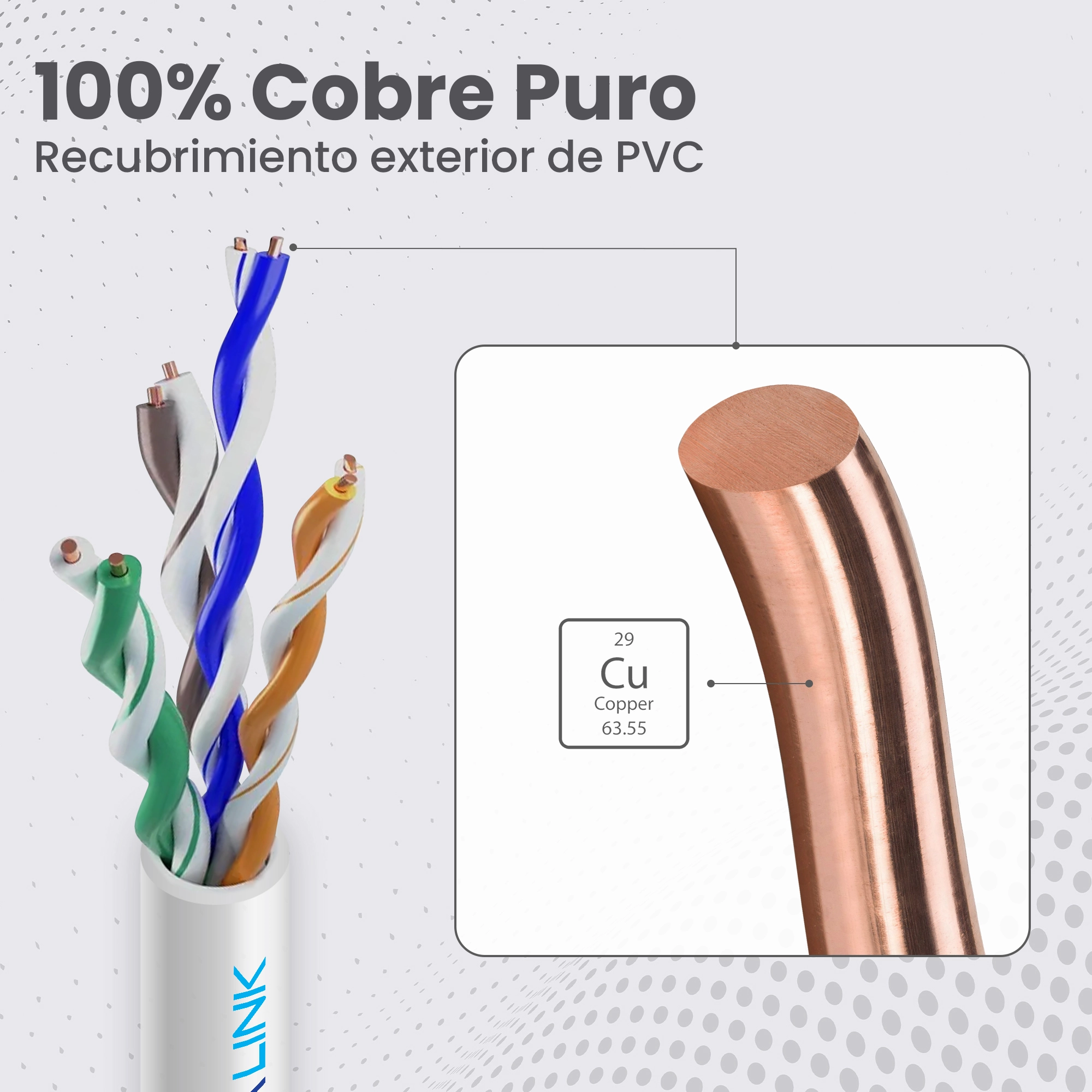 Cable UTP CAT5E Extralink de 50 m con pares trenzados visibles y aumento sobre conductor de cobre con marcado Cu (Cobre)