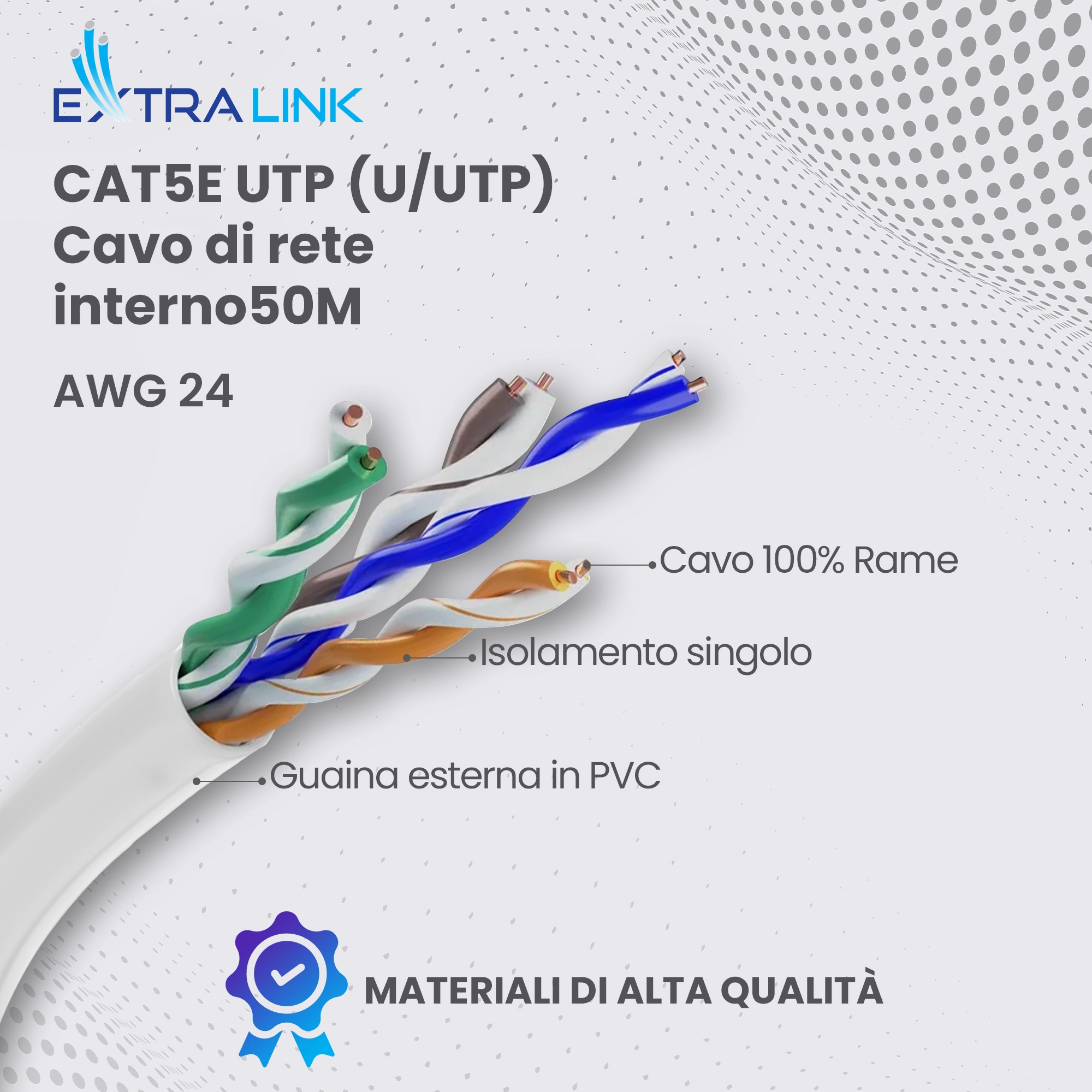 Cavo di rete Extralink CAT5E UTP (U-UTP) da 50 m con trefoli visibili, doppini colorati e certificazione di qualità