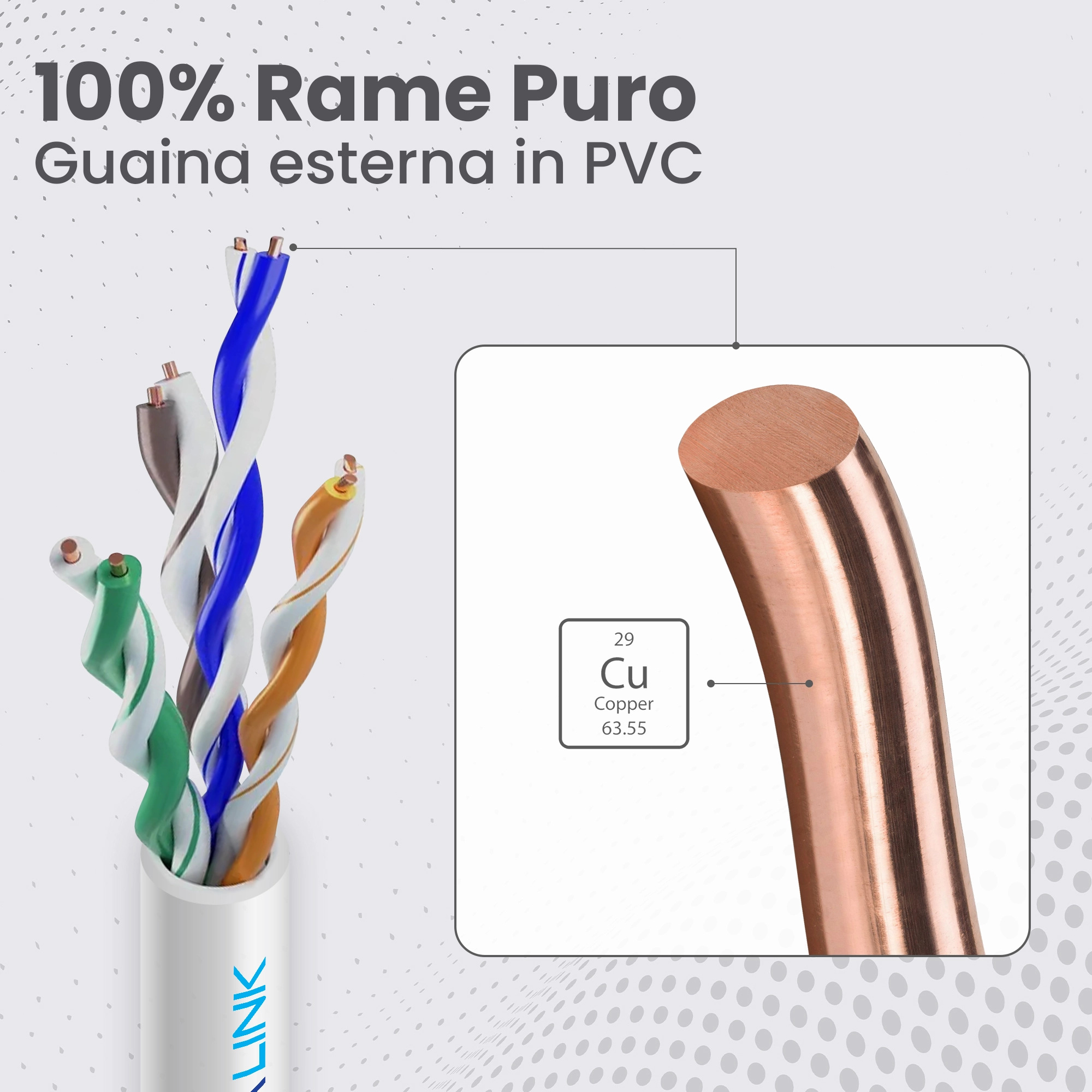 Cavo Extralink CAT5E UTP 50m con coppie ritorte visibili e ingrandimento sul conduttore in rame con marcatura Cu (Copper)