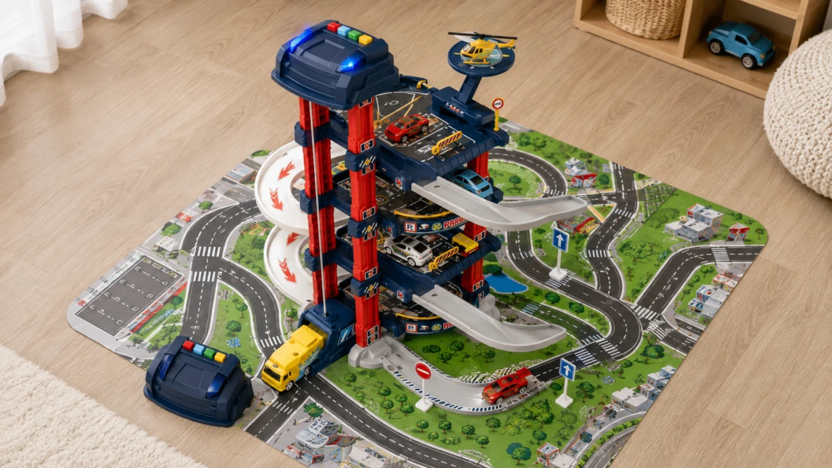 V&iacute;ce&uacute;rovňov&eacute; parkovi&scaron;tě Extralink Kids s elektrick&yacute;m v&yacute;tahem, aut&iacute;čky a silničn&iacute; podložkou