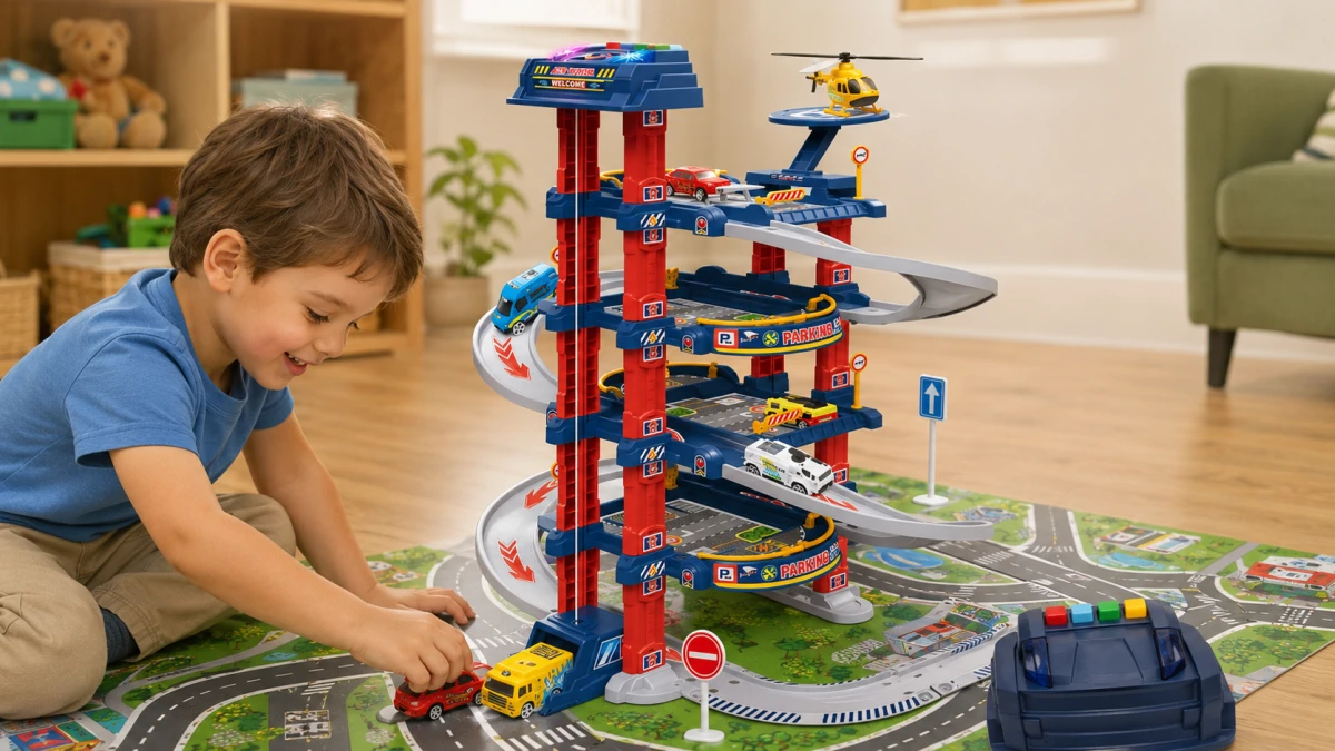 D&iacute;tě hraj&iacute;c&iacute; si s aut&iacute;čky u v&iacute;ce&uacute;rovňov&eacute;ho parkovi&scaron;tě Extralink Kids