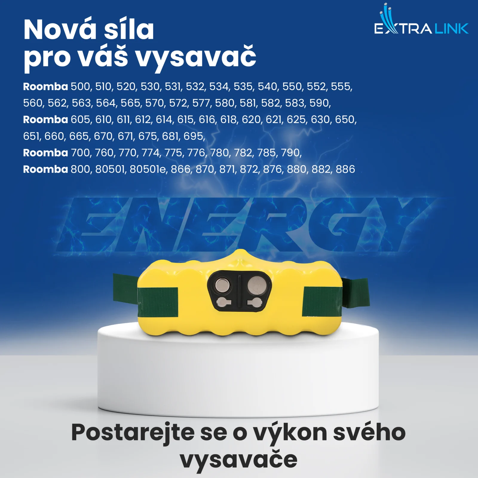 N&aacute;hradn&iacute; baterie pro vysavače Roomba ve žlut&eacute; barvě na b&iacute;l&eacute;m podkladu s modr&yacute;m logem 