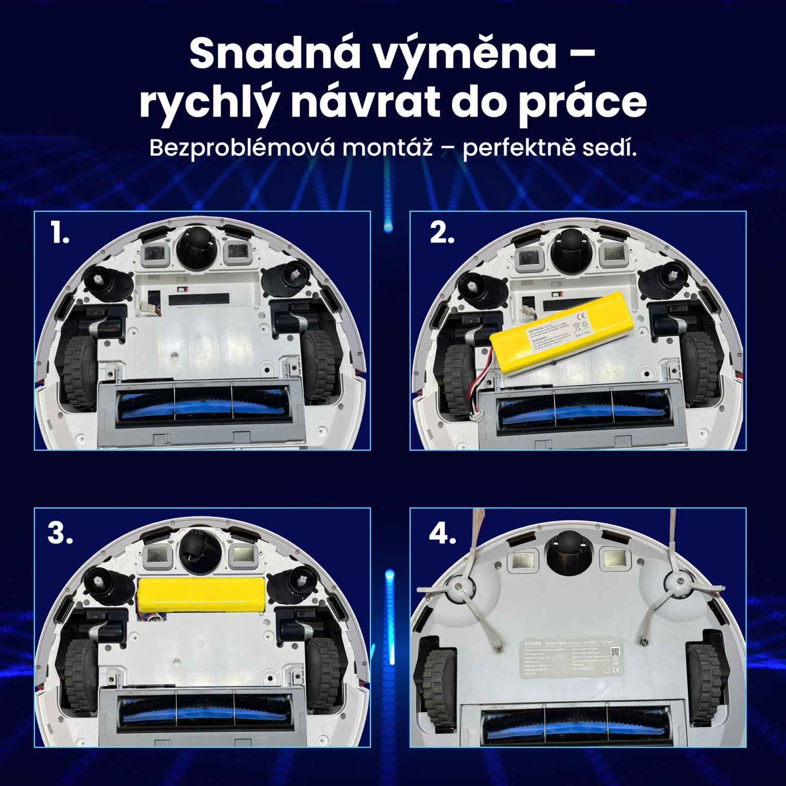 čtyři kroky k výměně baterie v čisticím robotu roomba zobrazené se čtyřmi obrázky vysavače pod ním