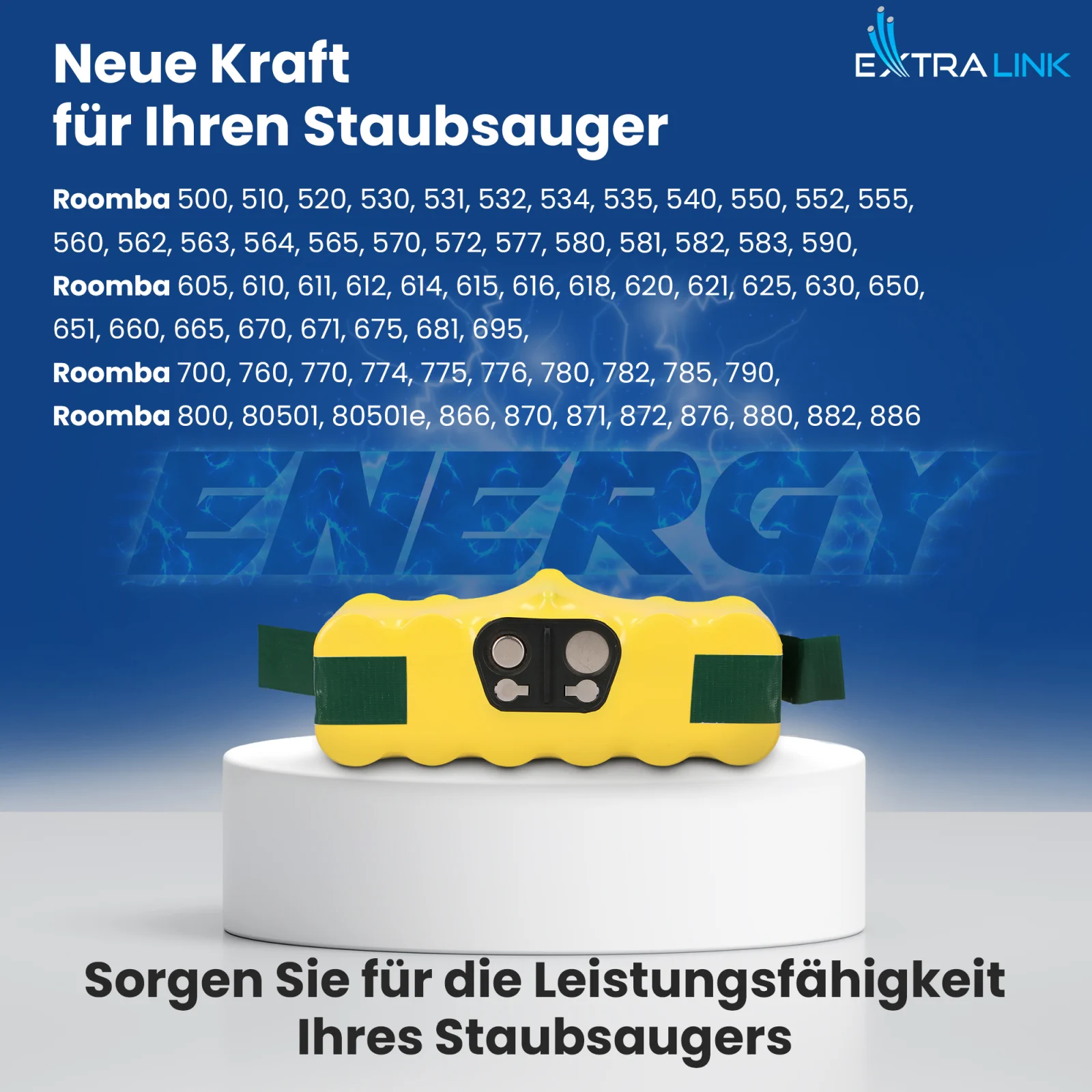 Ersatzakku f&uuml;r Roomba Staubsauger in gelb auf wei&szlig;em Grund, blaues 'ENERGY'-Logo im Hintergrund