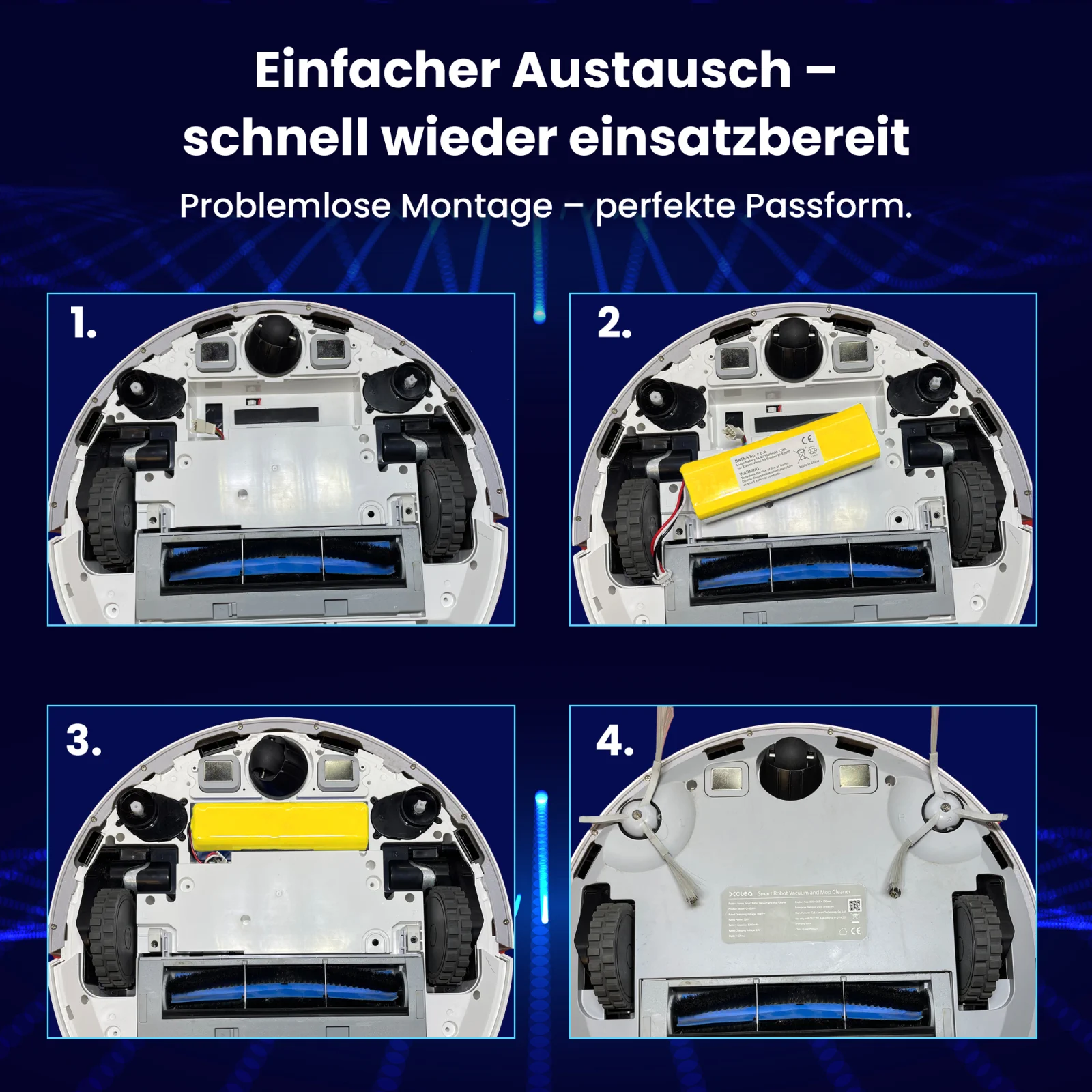 vier schritte zum auswechseln der batterie in einem roomba reinigungsroboter mit vier bildern des staubsaugers darunter