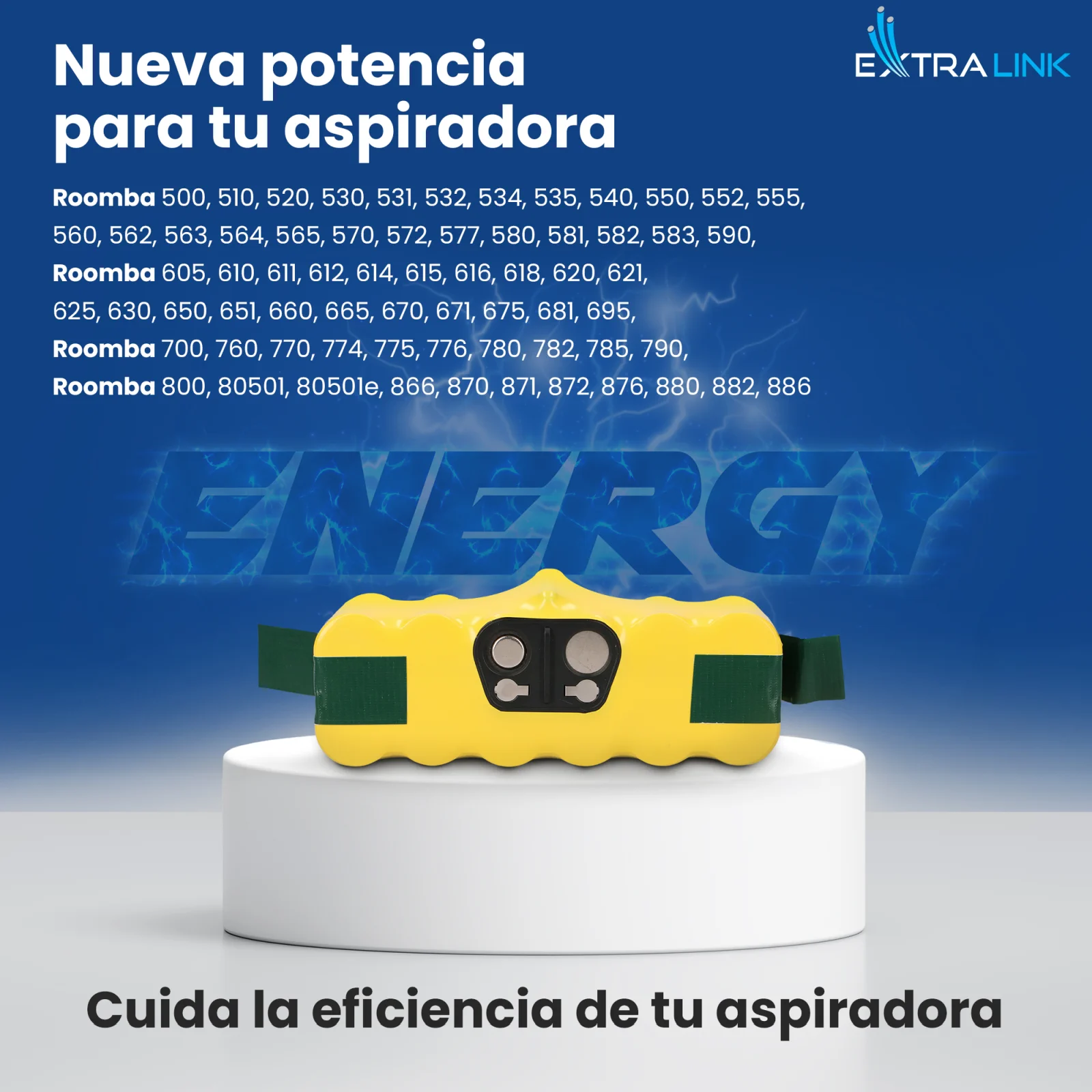Bater&iacute;a de repuesto para aspiradoras Roomba en amarillo sobre una base blanca, logotipo 