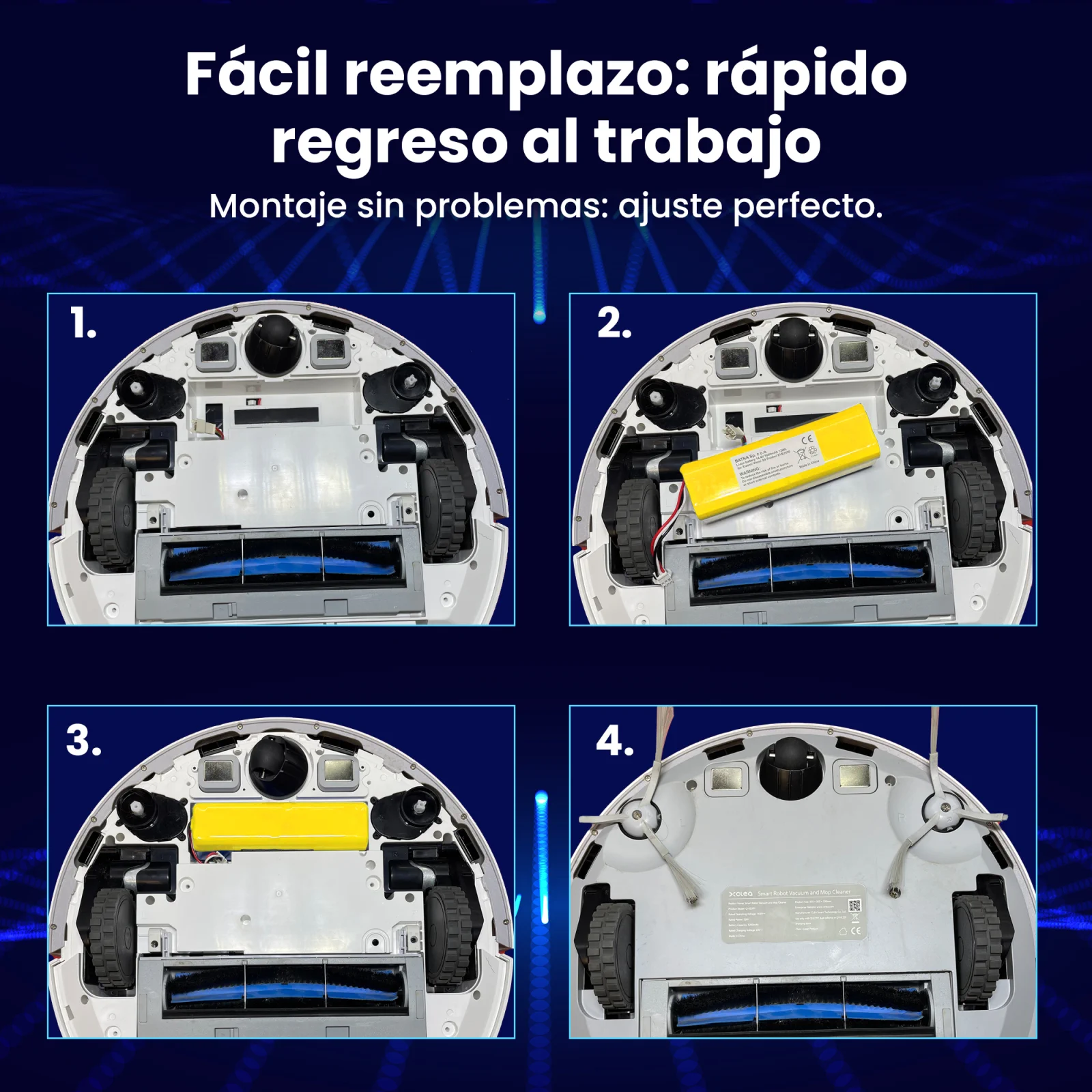cuatro pasos para sustituir la batería de un robot de limpieza roomba mostrados con cuatro imágenes de la aspiradora debajo