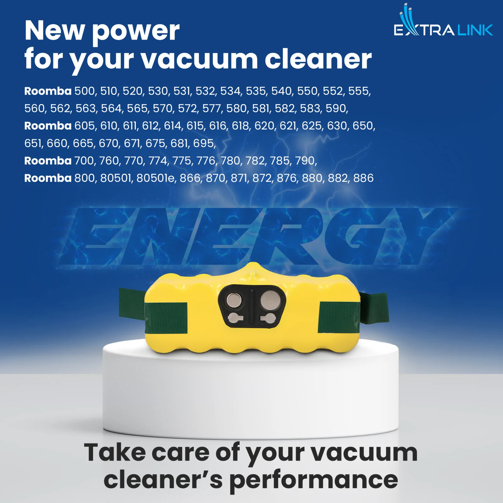 Replacement battery for roomba vacuum cleaners in yellow on a white stand, blue 'ENERGY' logo in the background