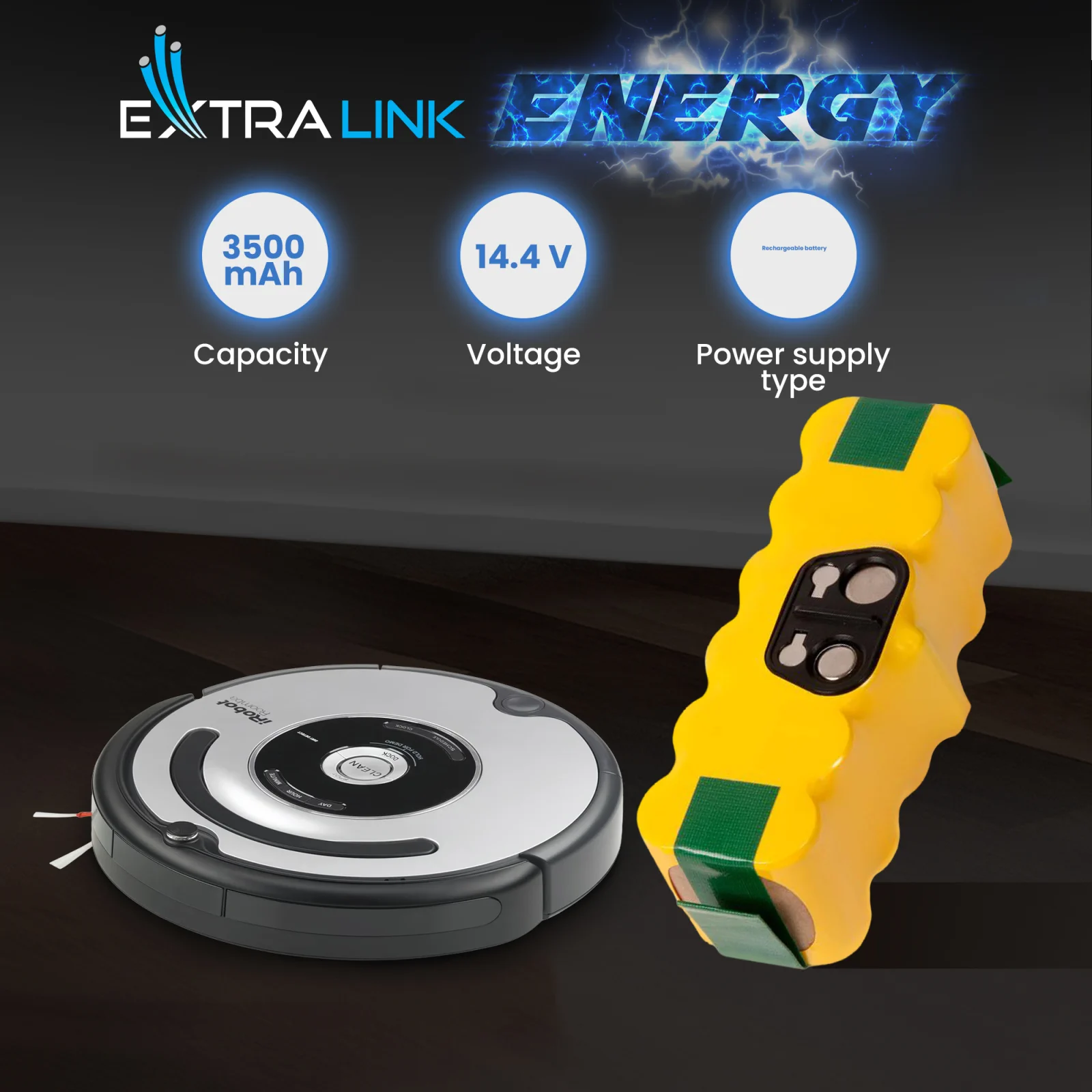 roomba vacuum cleaner battery next to cleaning robot