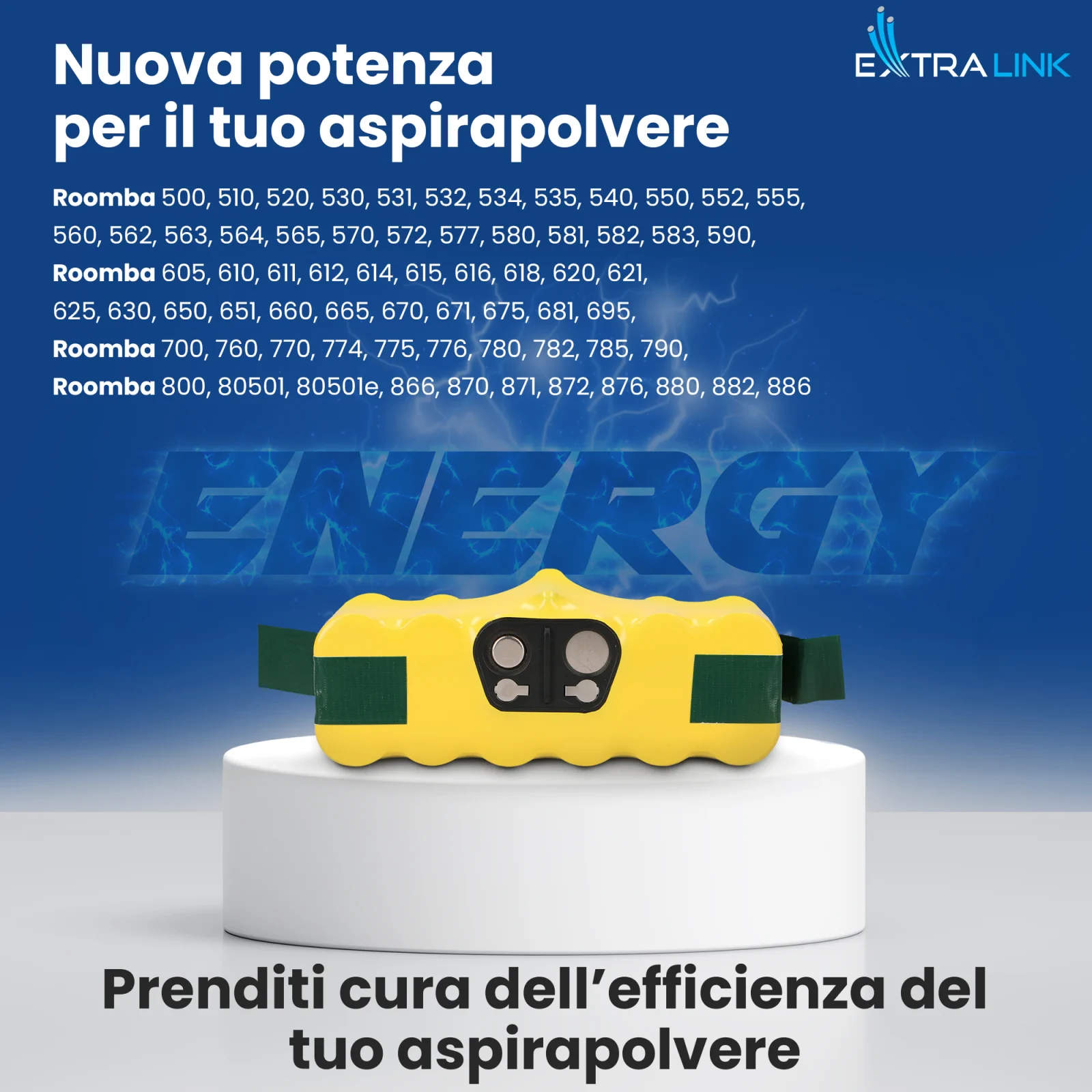 Batteria di ricambio per aspirapolvere Roomba di colore giallo su base bianca, con logo 