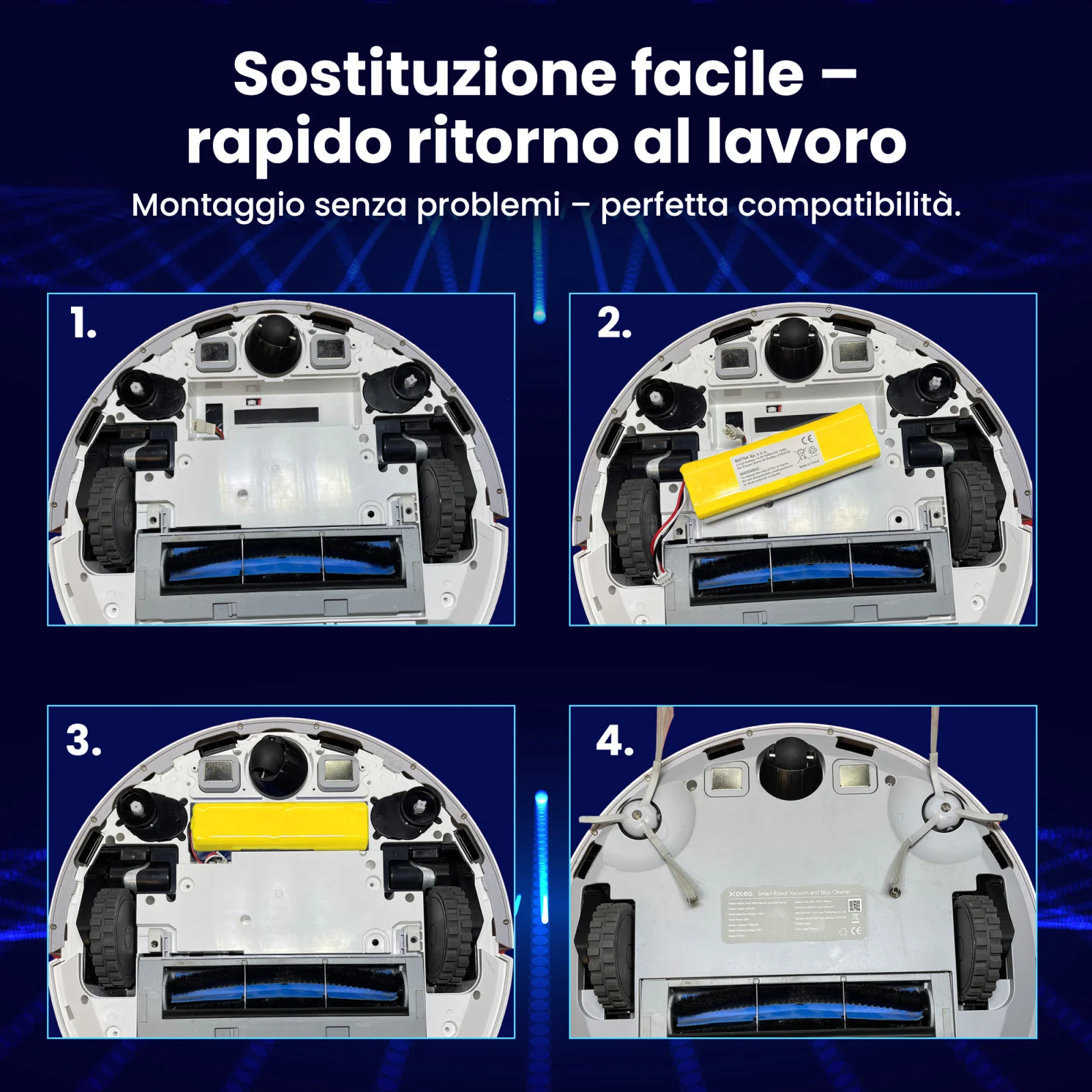 quattro passaggi per sostituire la batteria di un robot pulitore roomba mostrati con quattro immagini dell'aspirapolvere sottostante