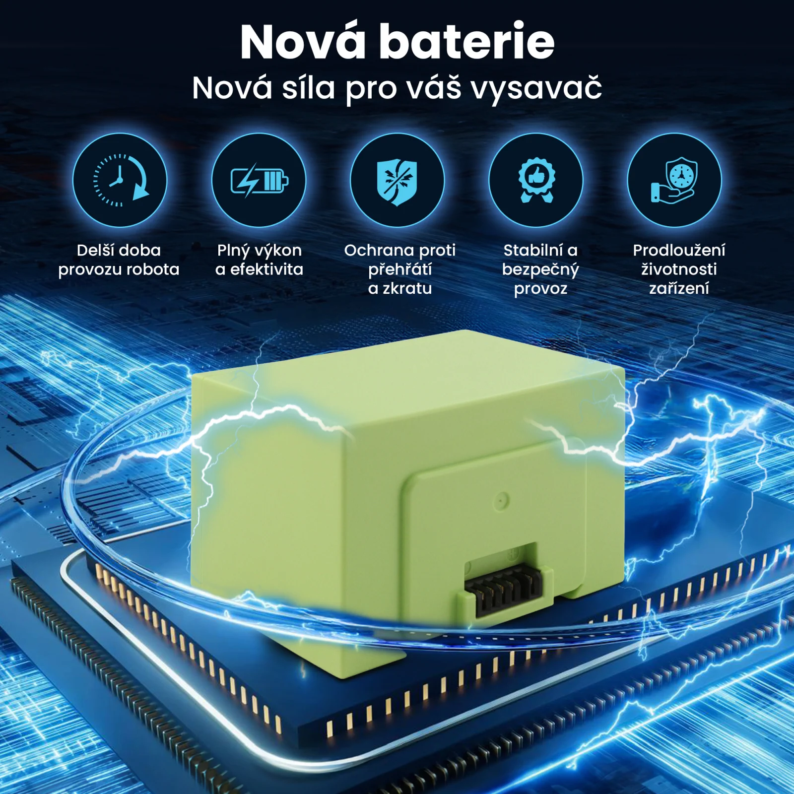 vizualizace zelené baterie pro vysavače roomba ležící na procesoru