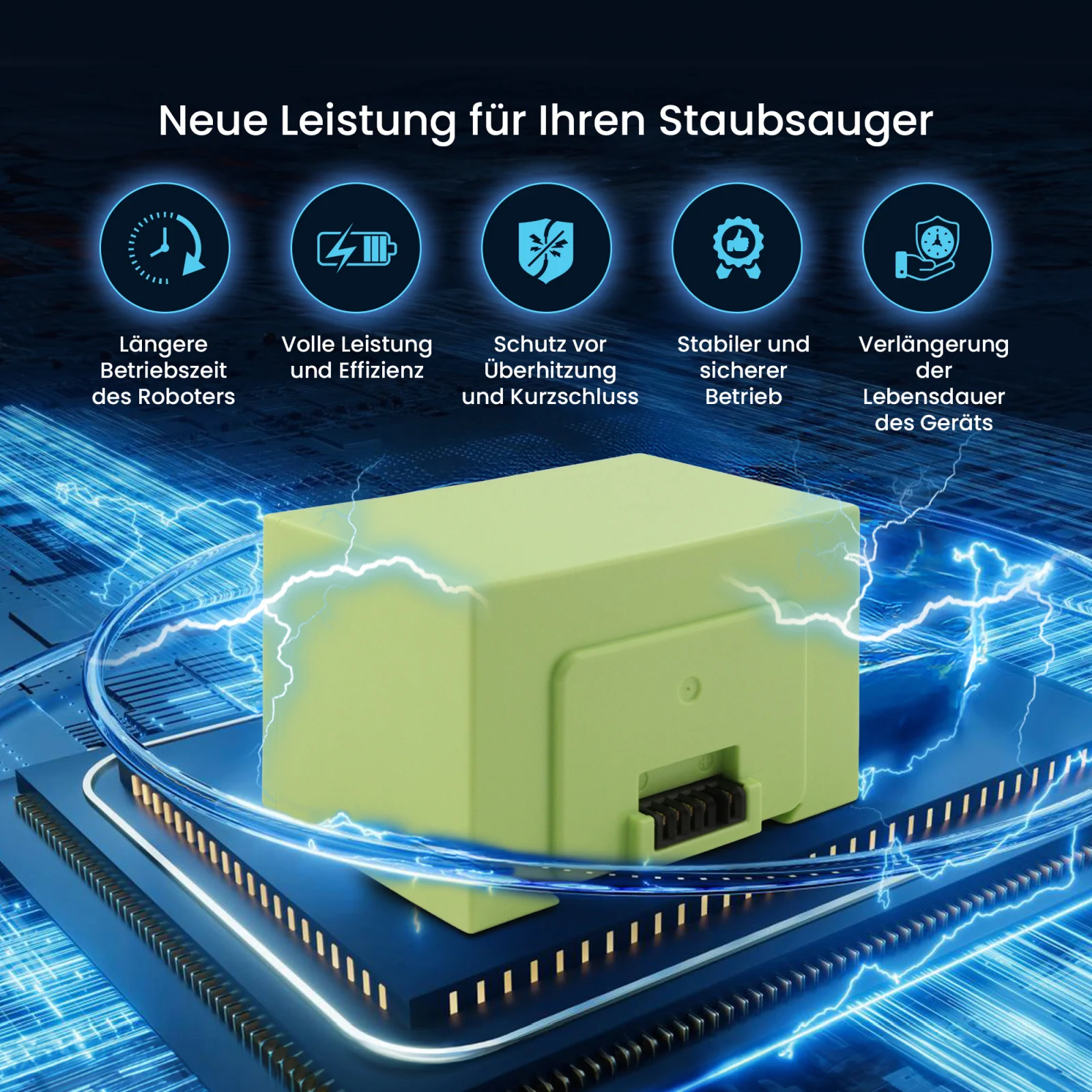 Visualisierung der grünen Batterie für Roomba-Staubsauger, die auf dem Prozessor liegt