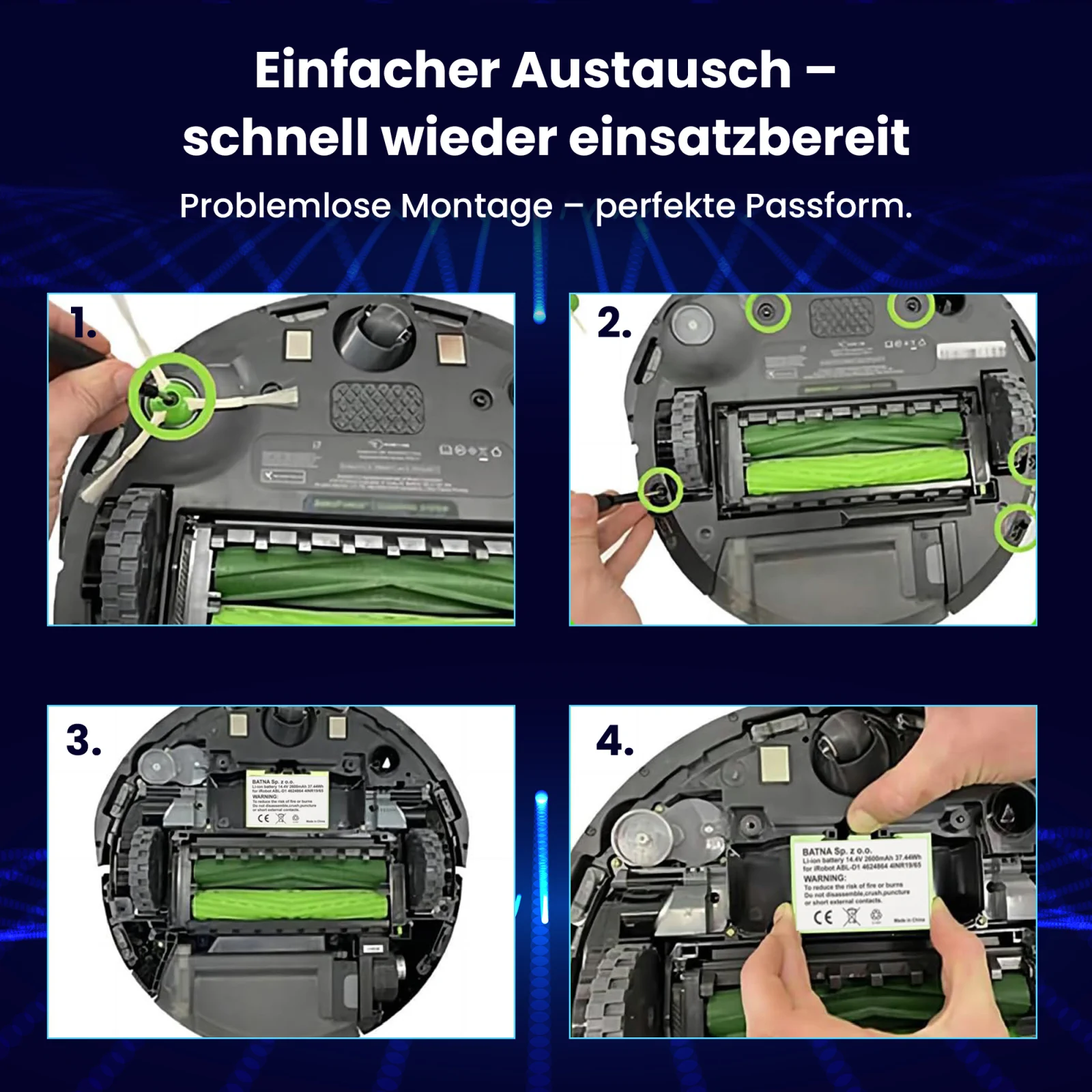 vier schritte zum auswechseln der batterie in einem roomba reinigungsroboter mit vier bildern des staubsaugers darunter