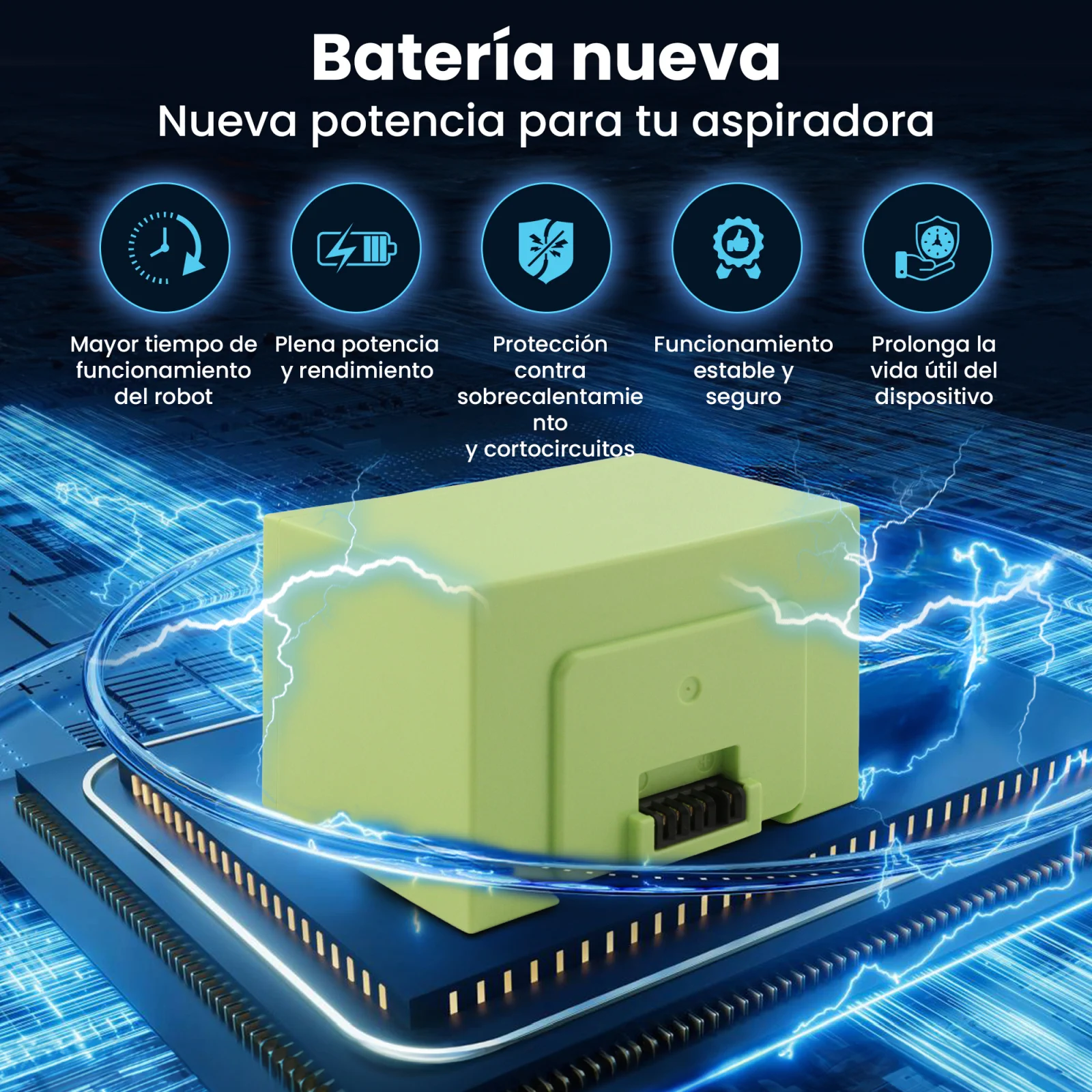 visualizacion de la bateria verde para aspiradoras roomba tumbada en el procesador