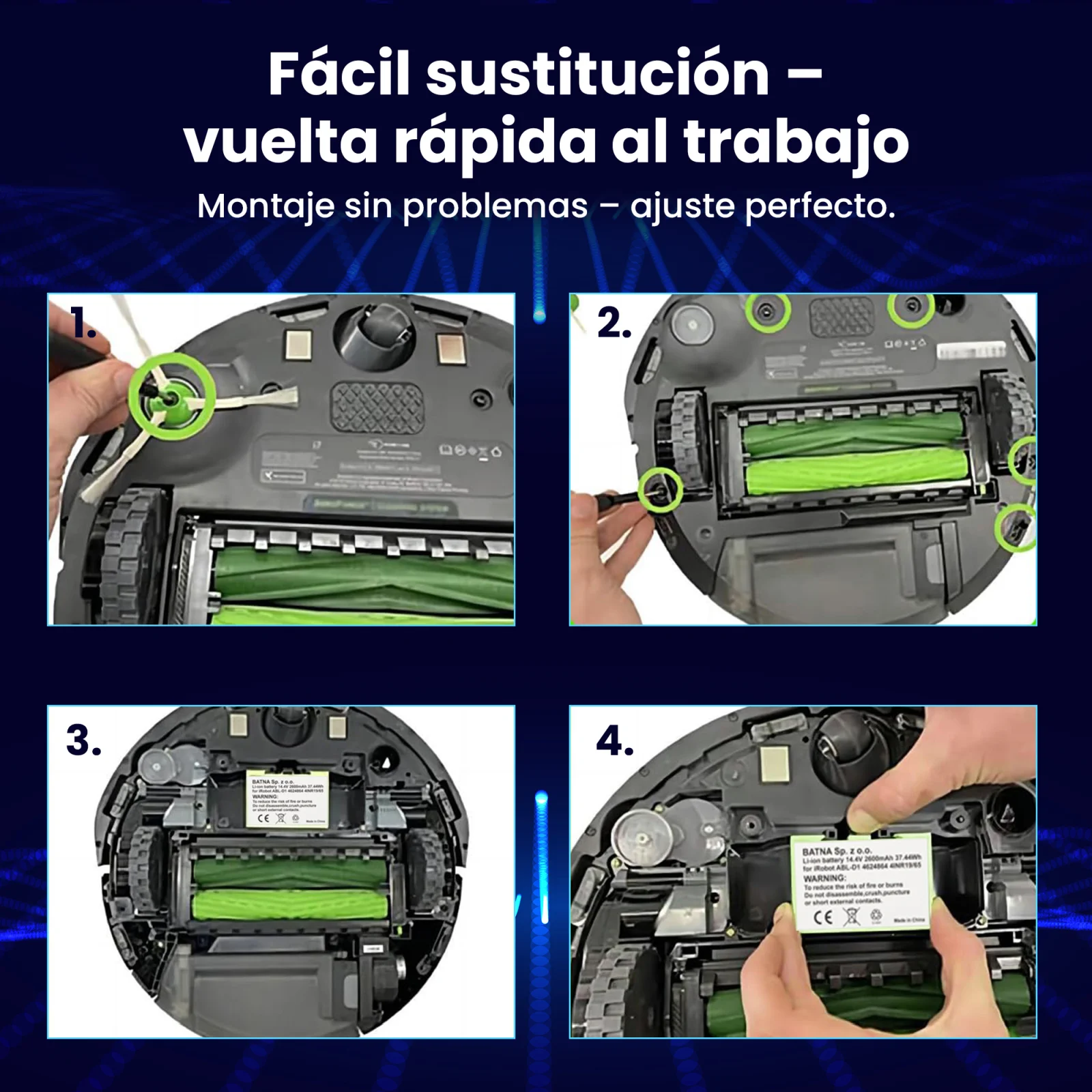 cuatro pasos para sustituir la batería de un robot de limpieza roomba mostrados con cuatro imágenes de la aspiradora debajo