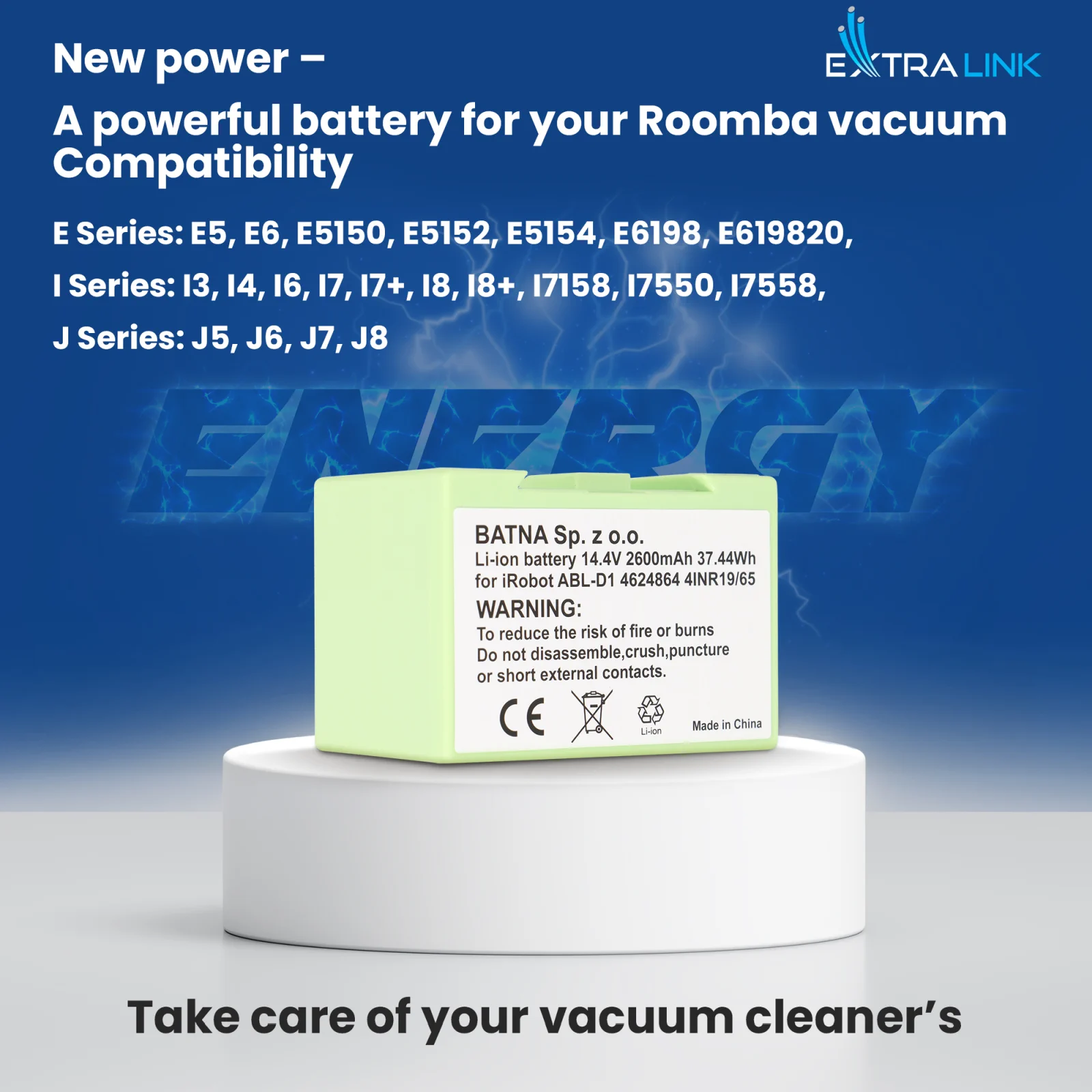 Replacement battery for roomba vacuum cleaners in yellow on a white stand, blue 'ENERGY' logo in the background