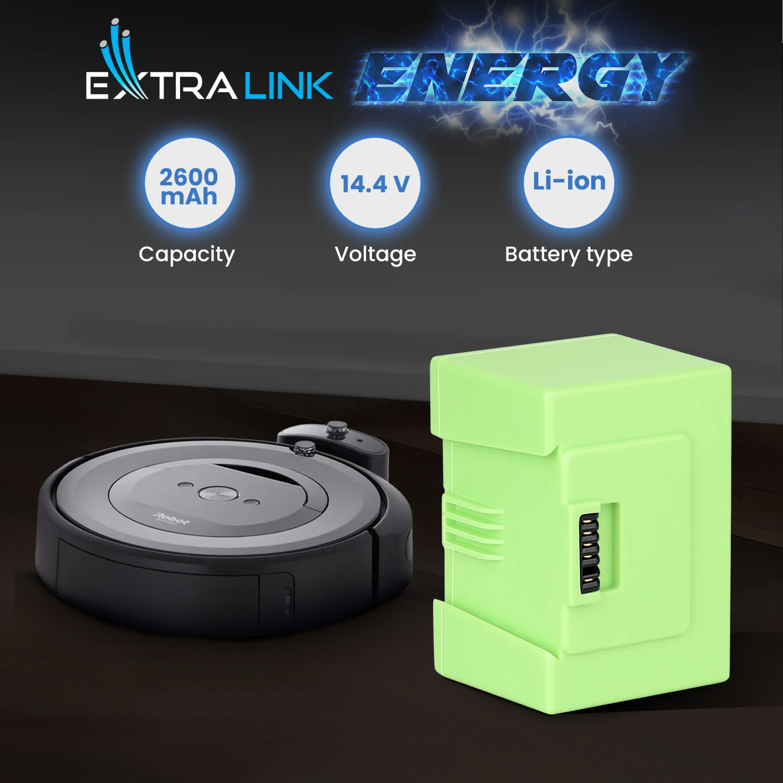 roomba vacuum cleaner battery next to cleaning robot