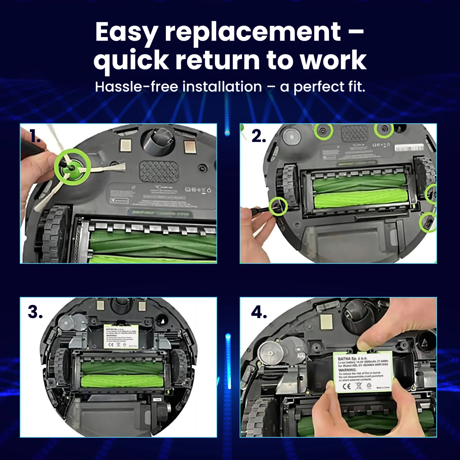 four steps of replacing the battery in a roomba cleaning robot shown with four images of the vacuum cleaner from underneath