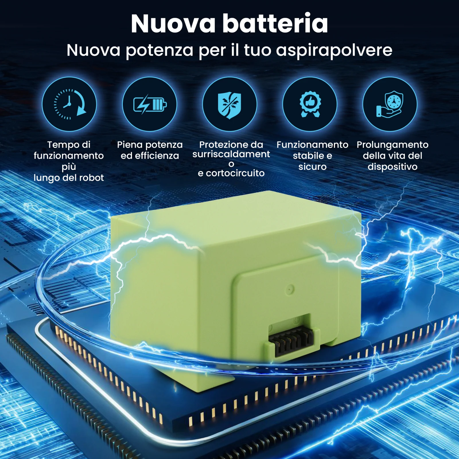 visualizzazione della batteria verde per aspirapolvere roomba appoggiata sul processore