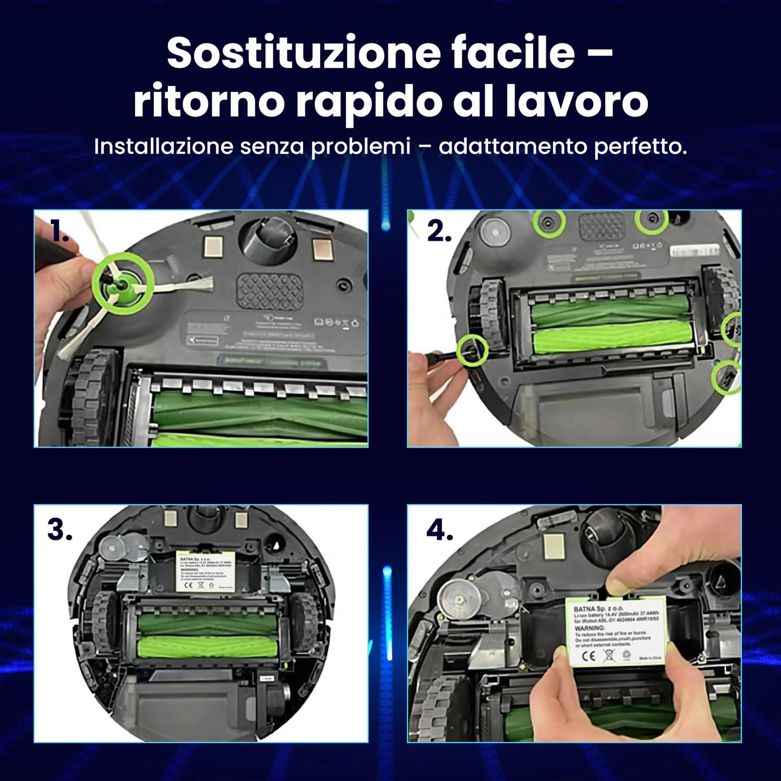 quattro passaggi per sostituire la batteria di un robot pulitore roomba mostrati con quattro immagini dell'aspirapolvere sottostante