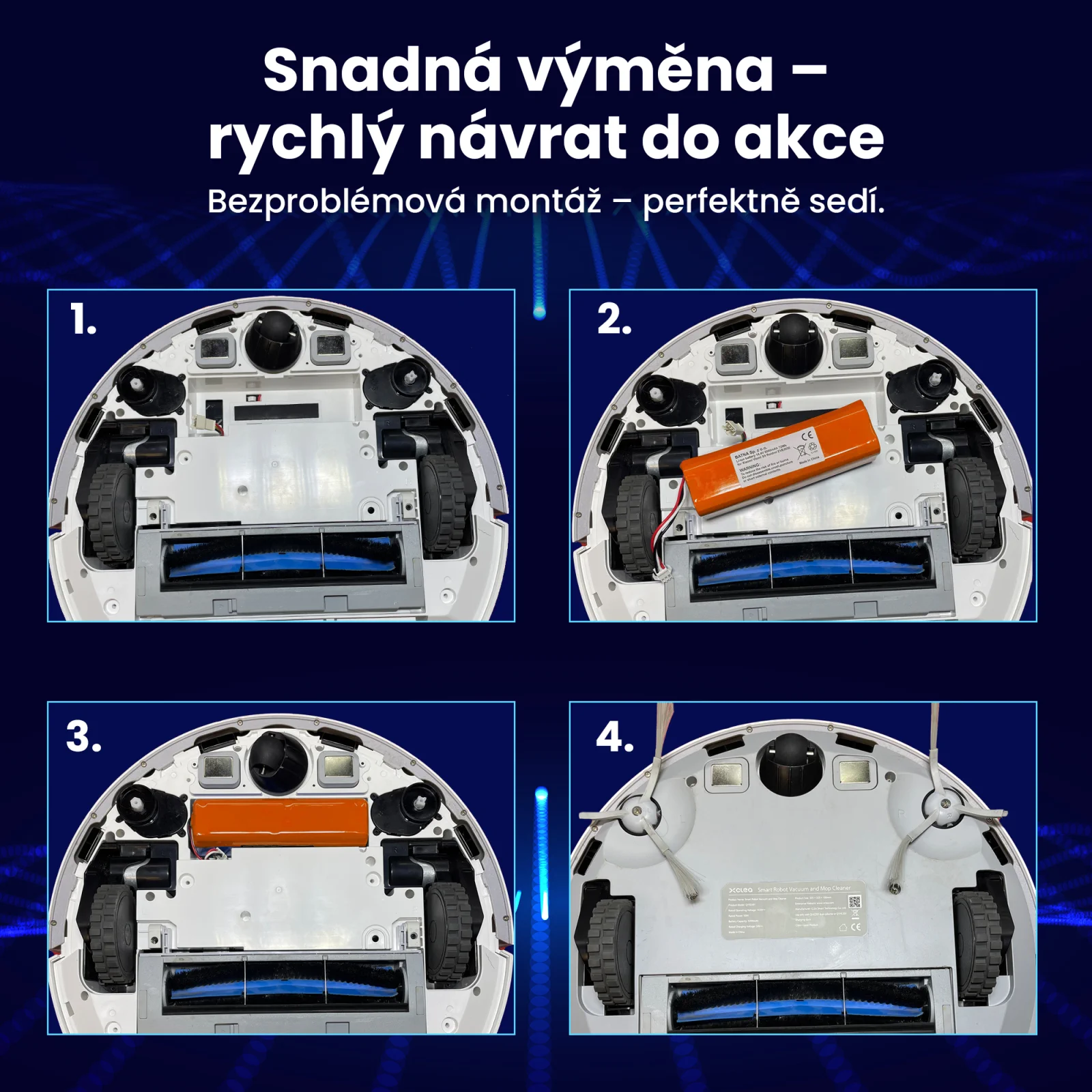 čtyři kroky v&yacute;měny baterie v robotu mi robotrock cleaning robot zobrazen&eacute; se čtyřmi obr&aacute;zky vysavače pod n&iacute;m
