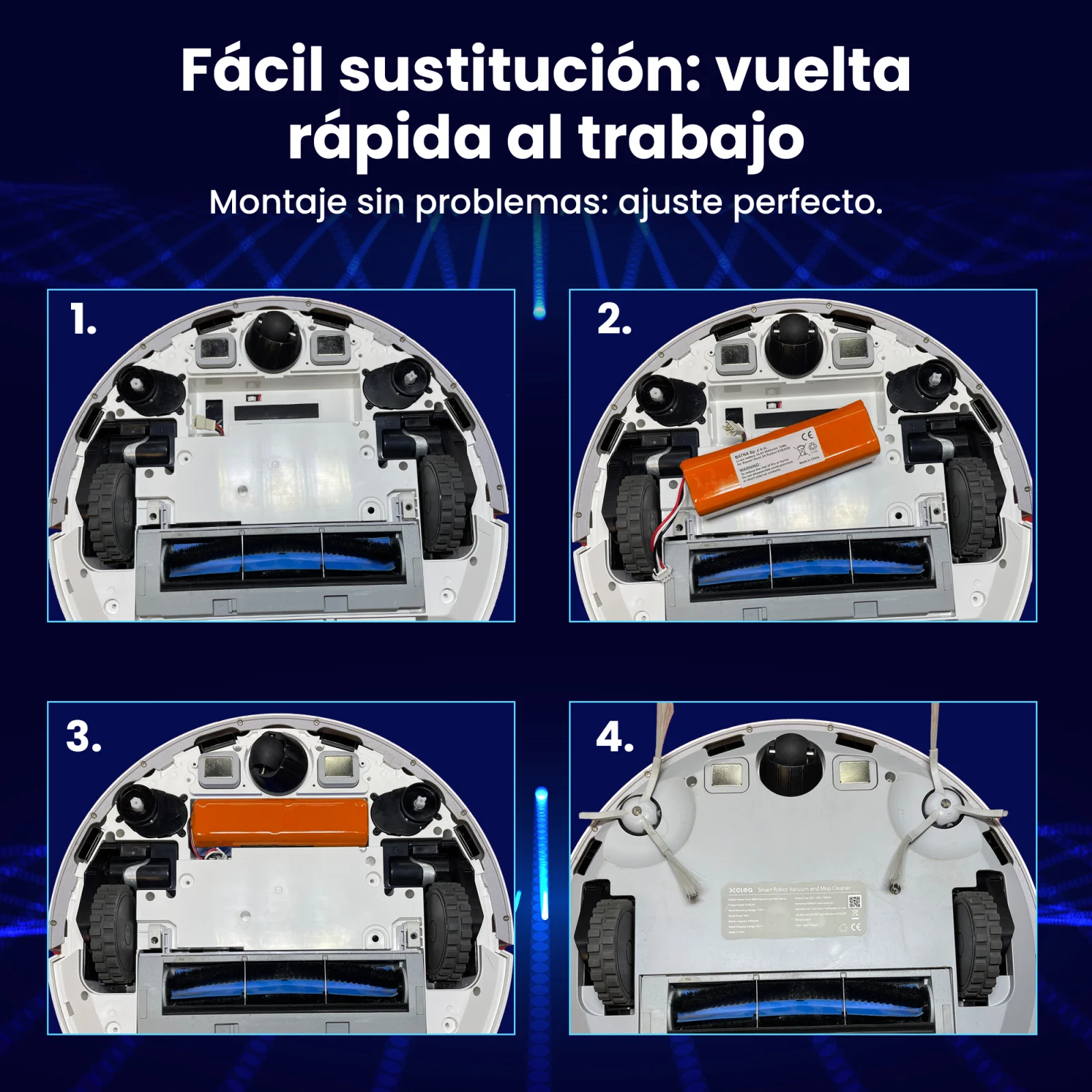 cuatro pasos para cambiar la bateria en mi robot roborock robot de limpieza mostrado con cuatro imagenes de la aspiradora debajo
