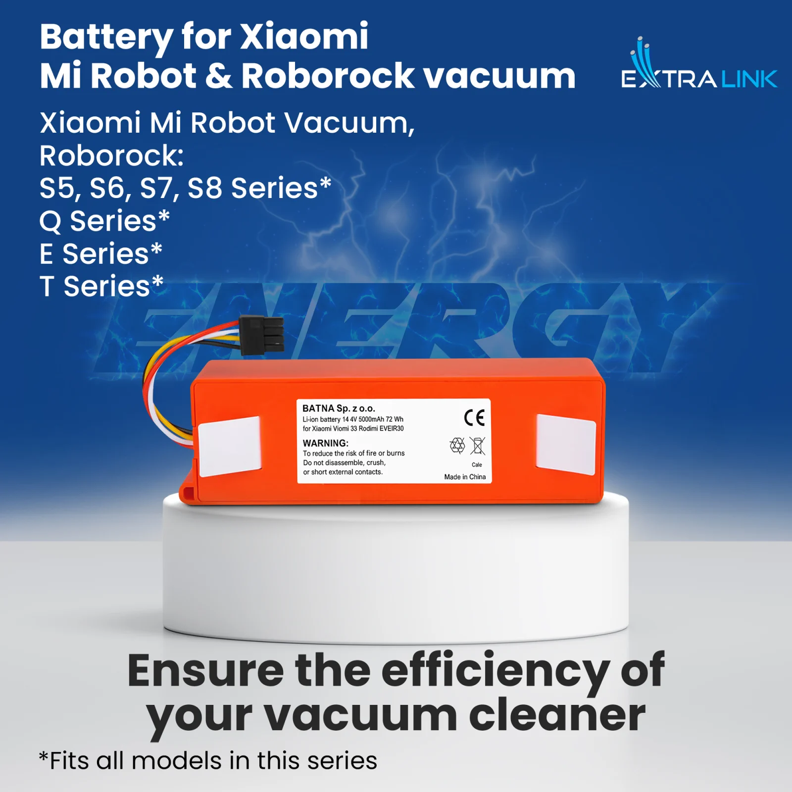 Сменный аккумулятор для пылесоса mi robot roborock оранжевого цвета на белой подставке, синий логотип 'ENERGY' на заднем плане