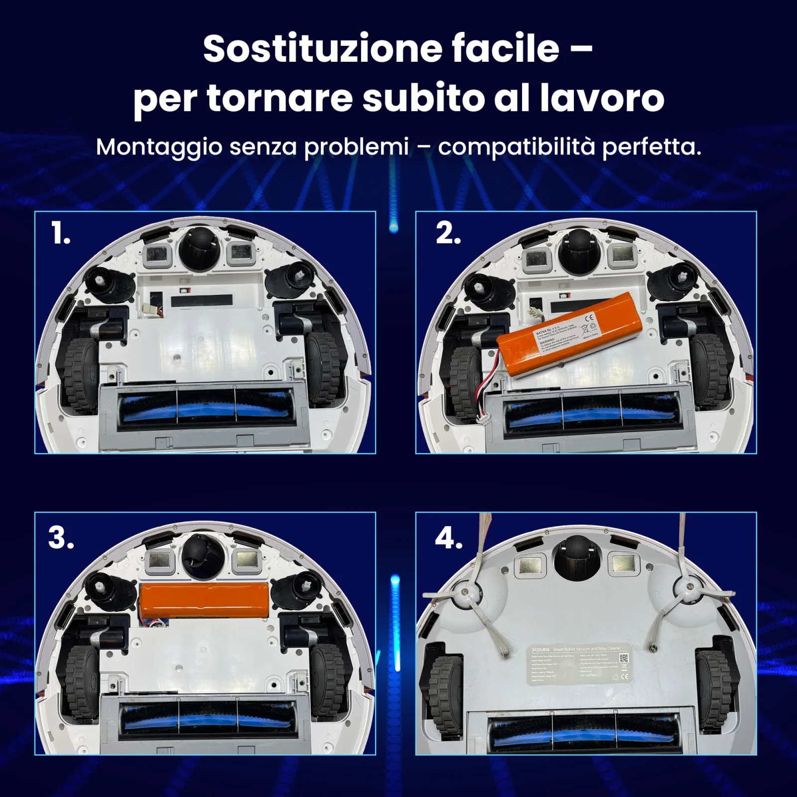 quattro fasi di sostituzione della batteria nel robot mi roborock per la pulizia mostrate con quattro immagini dell'aspirapolvere sottostante