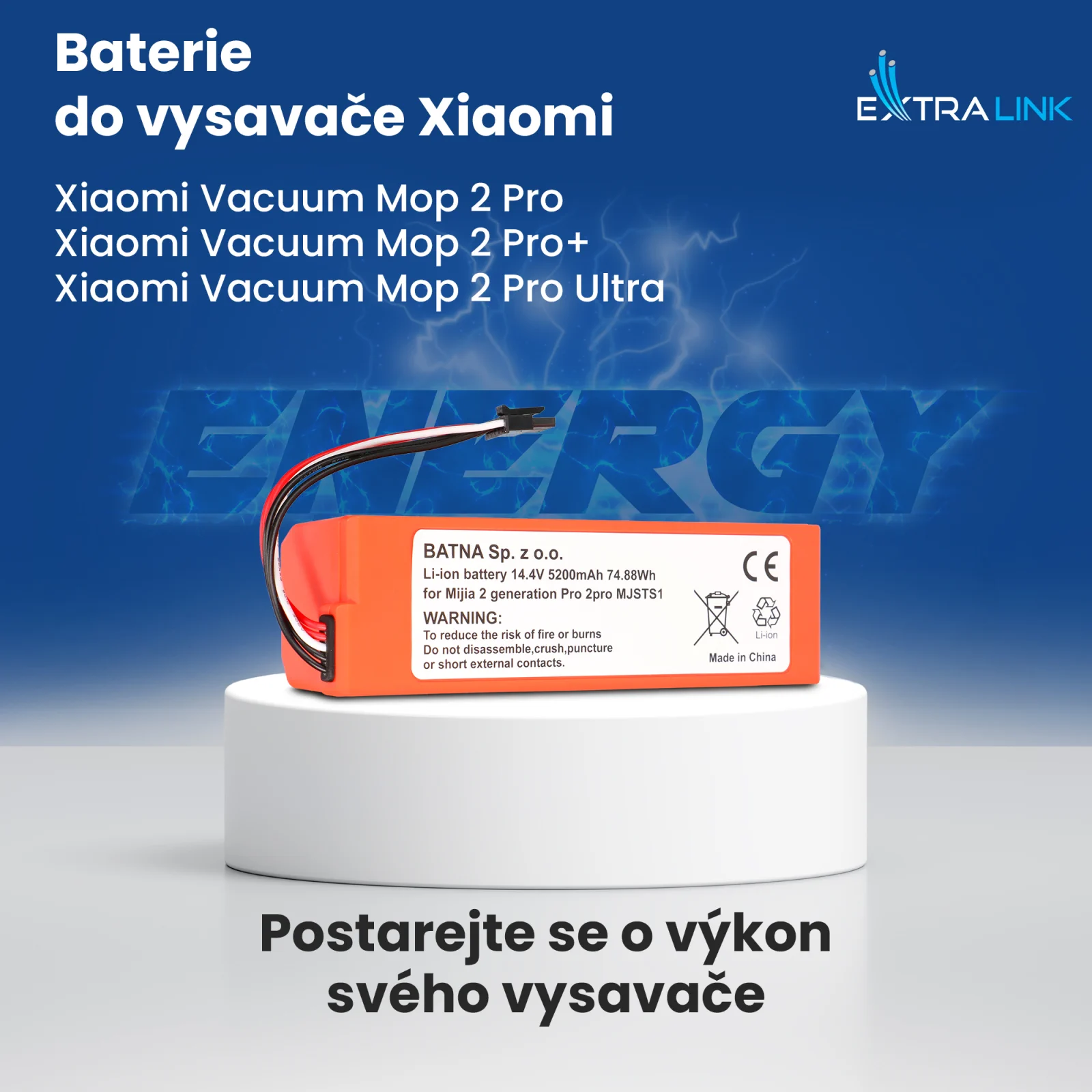 náhradní baterie pro vysavače mop pro v oranžové barvě na bílém stojanu s modrým logem