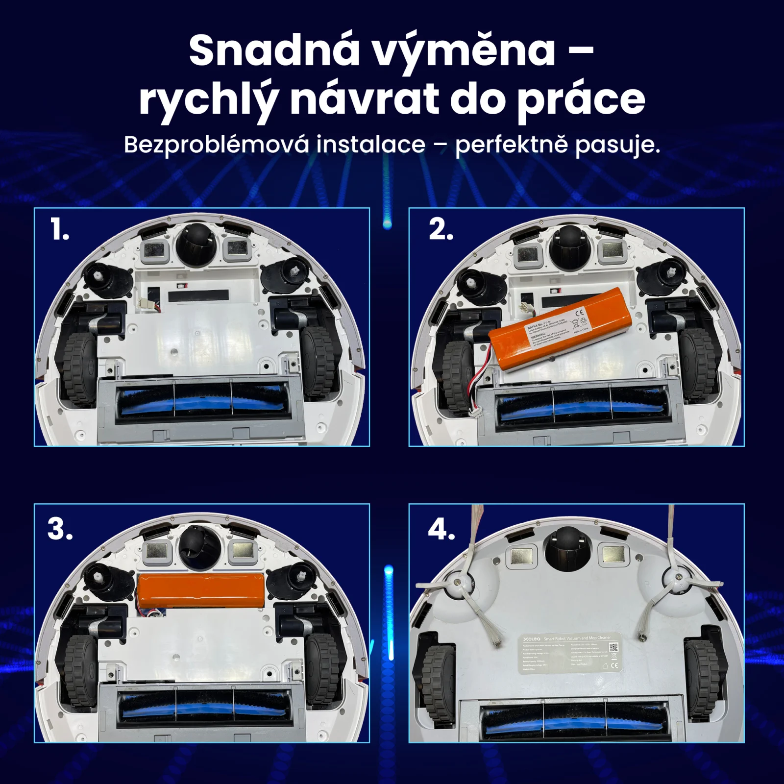 čtyři kroky k v&yacute;měně baterie v čistic&iacute;m robotick&eacute;m mopu pro zobrazen&eacute; na čtyřech sn&iacute;mc&iacute;ch vysavače zespodu