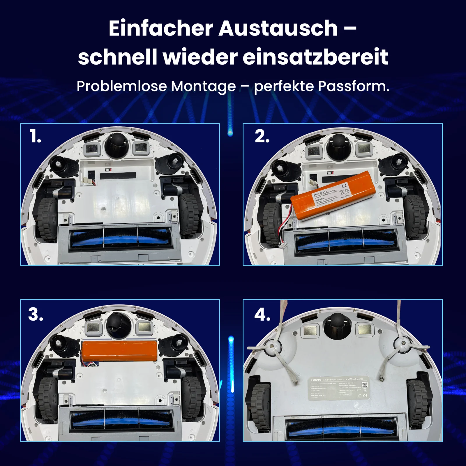 vier schritte zum batteriewechsel im reinigungsroboter mop pro mit vier bilder des staubsaugers von unten gezeigt