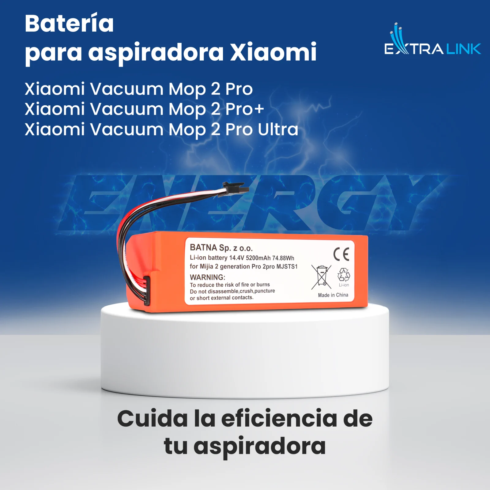 batería de repuesto para aspiradoras mop pro de color naranja sobre soporte blanco, logotipo