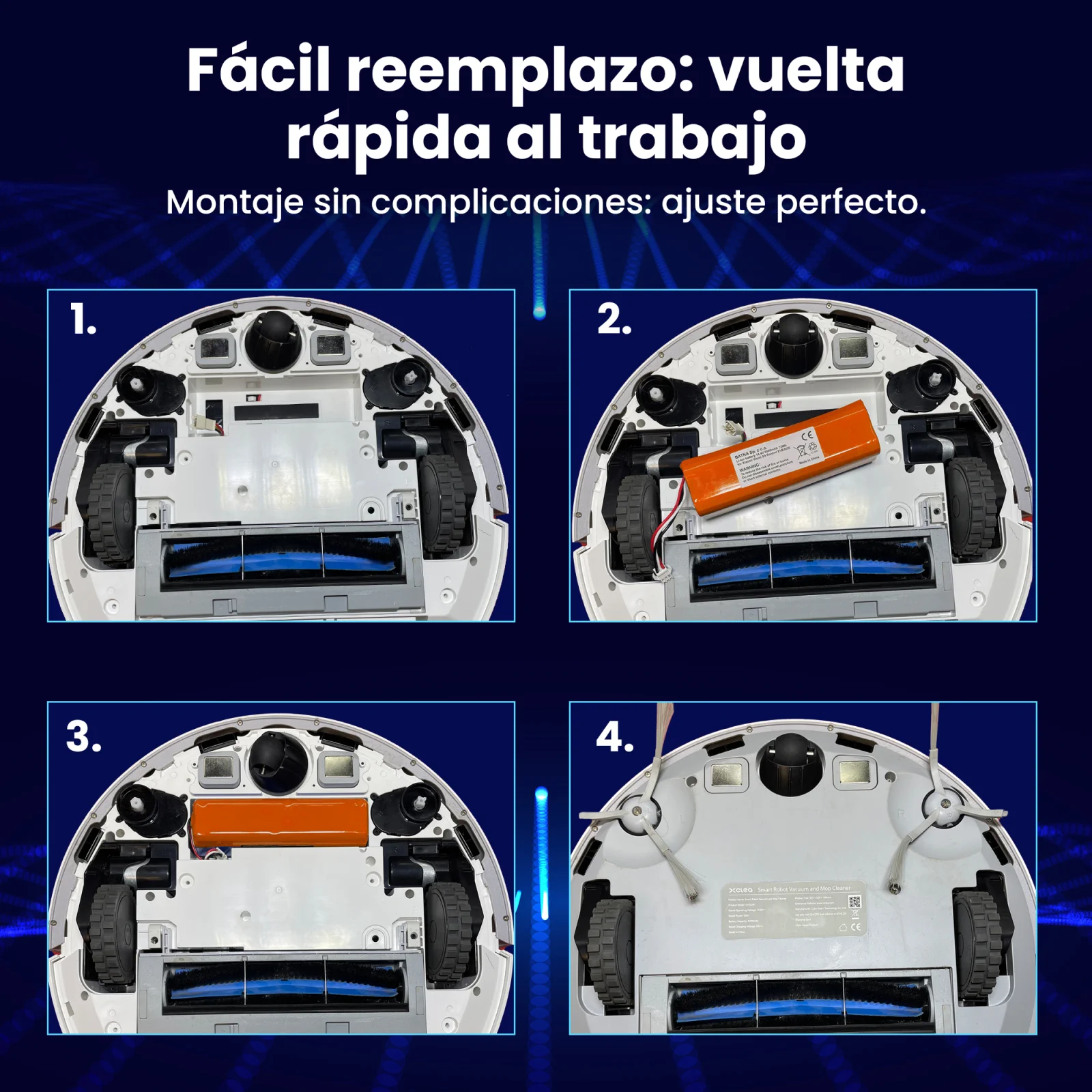 cuatro pasos para cambiar la bater&iacute;a del robot limpiador mop pro mostrados con cuatro im&aacute;genes de la aspiradora debajo